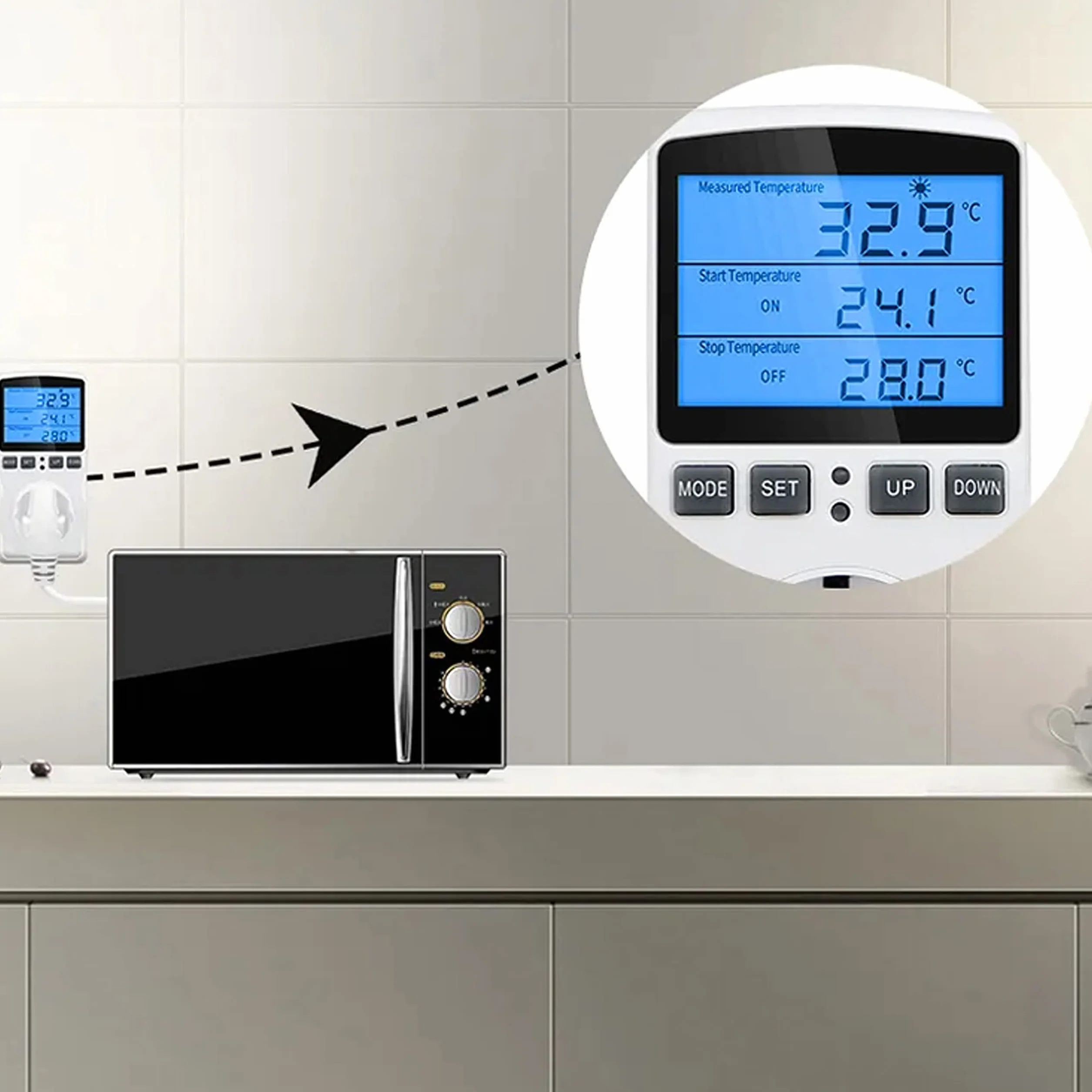 Retoo Termostat do gniazdka z czujnikiem temperatury, cyfrowy regulator temperatury 250 V z czujnikiem, gniazdko elektryczne, ogrzewanie, chłodzenie, przełącznik temperatury z sondą, ekran LCD do