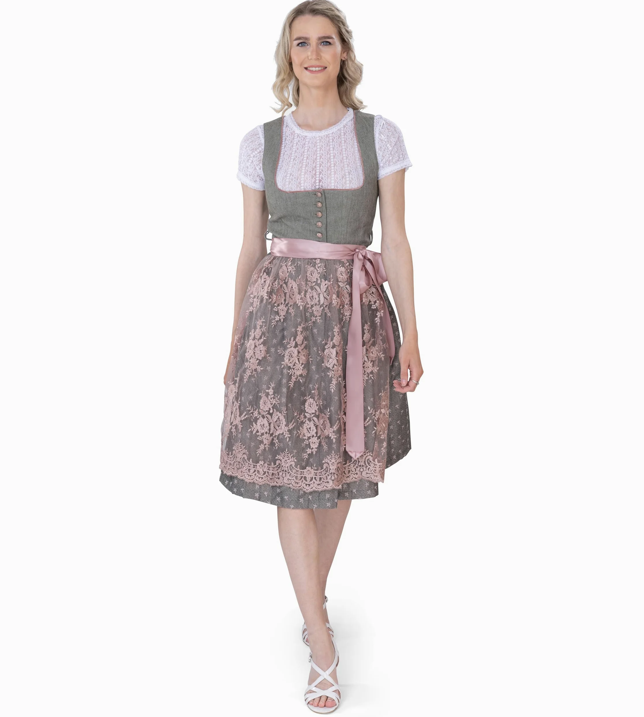 Schöneberger Dirndl Dirndl z zapięciem na guziki i koronkowym fartuchem – elegancki żakardowy Dirndl w kolorze różowym/szarym – Midi Isabella
