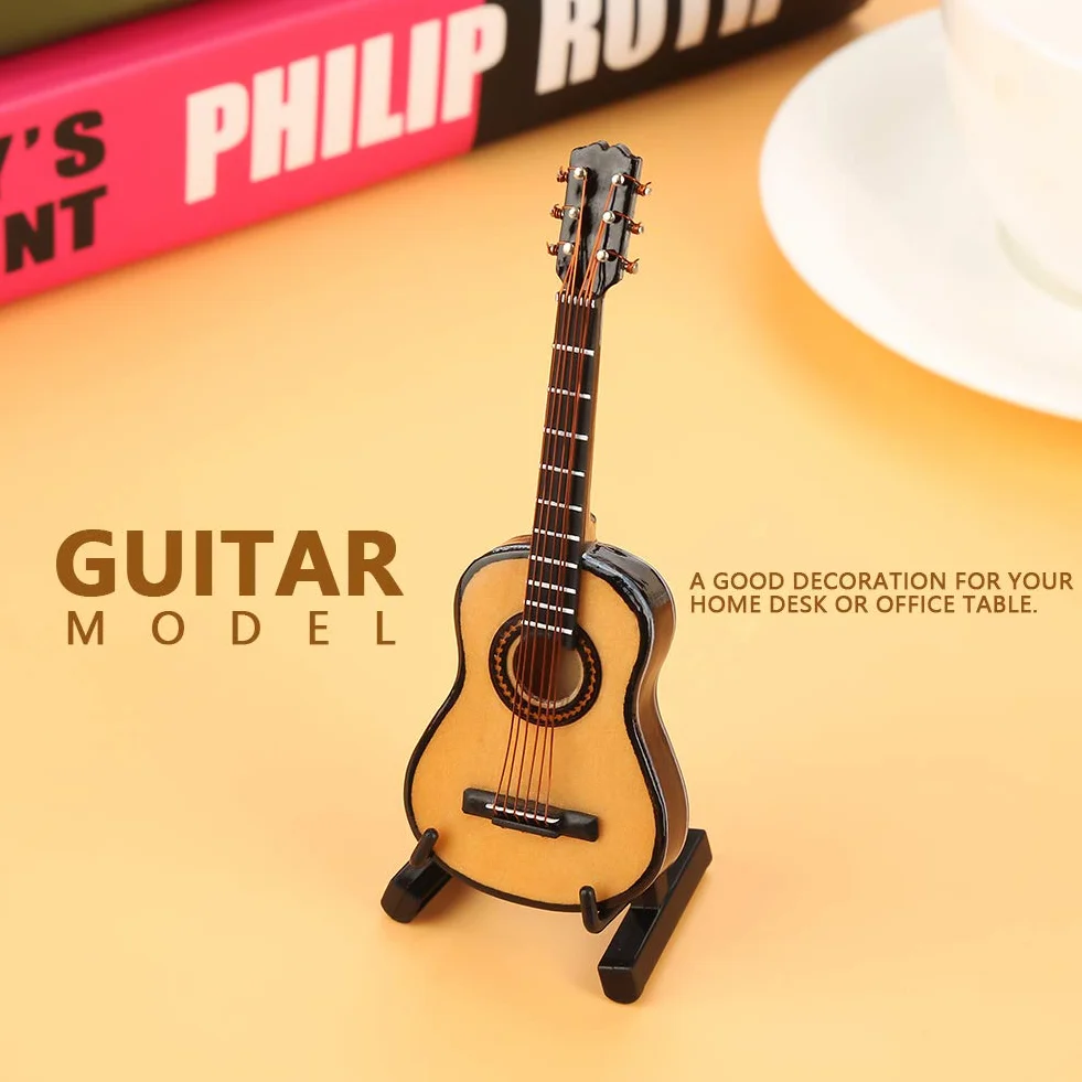 Qinlorgo Drewniana miniaturowa gitara ze stojakiem, miniaturowy drewniany model gitary ekspozycja mini ozdoby muzyczne rzemiosło dekoracja domu
