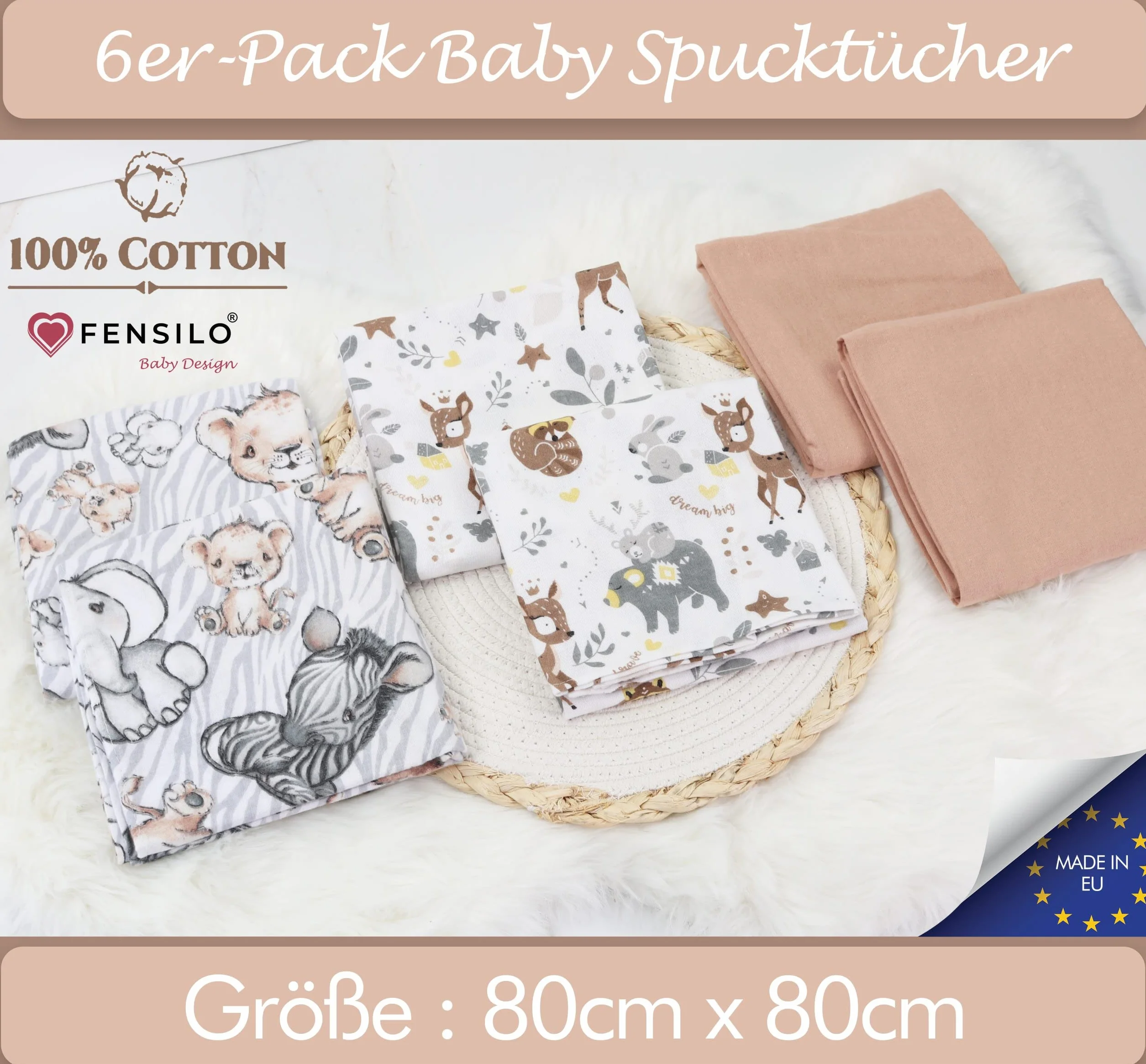 FENSILO Chusteczki Molton, 5 sztuk, pieluchy flanelowe ze 100% bawełny, 80 x 80 cm, pieluchy Molton, chustki do ślinienia dziecka, flanelowe, uniseks, dla chłopców lub dziewczynek