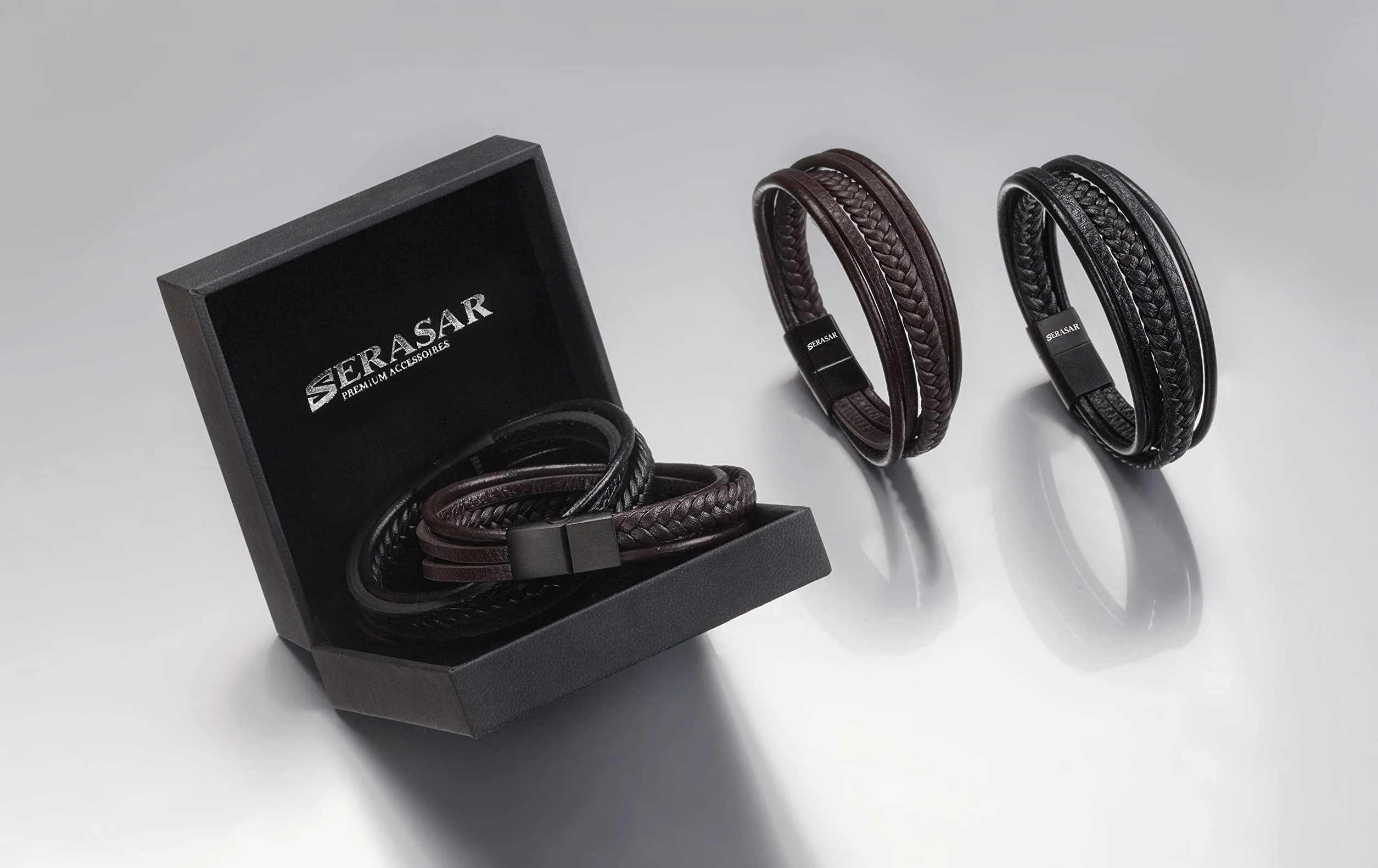 SERASAR | Męska Bransoletka Premium [Braid] z Prawdziwej Skóry w Kolorze Czarnym i Brązowym | Różne Długości | Zapięcie Magnetyczne Ze Stali Nierdzewnej | Pudełko na Biżuterię