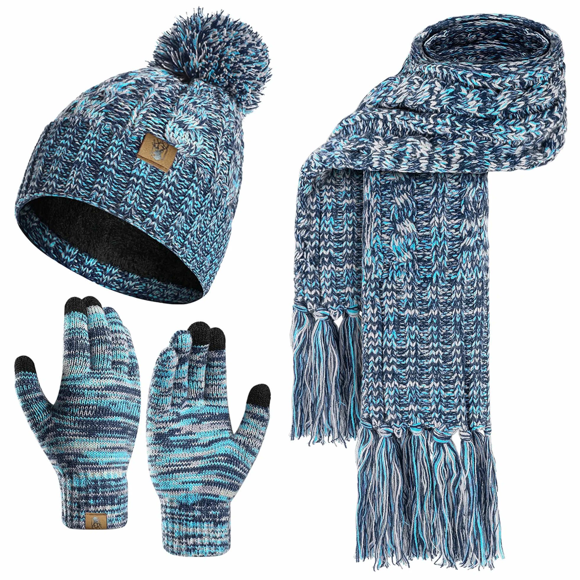 Guantes de la bufanda del sombrero de las mujeres Beanie Calentador de cuello largo Bufanda y guantes de pantalla táctil térmica Set 3 PCS Invierno Pom Cap Set Unisex Melange de punto Lago Azul