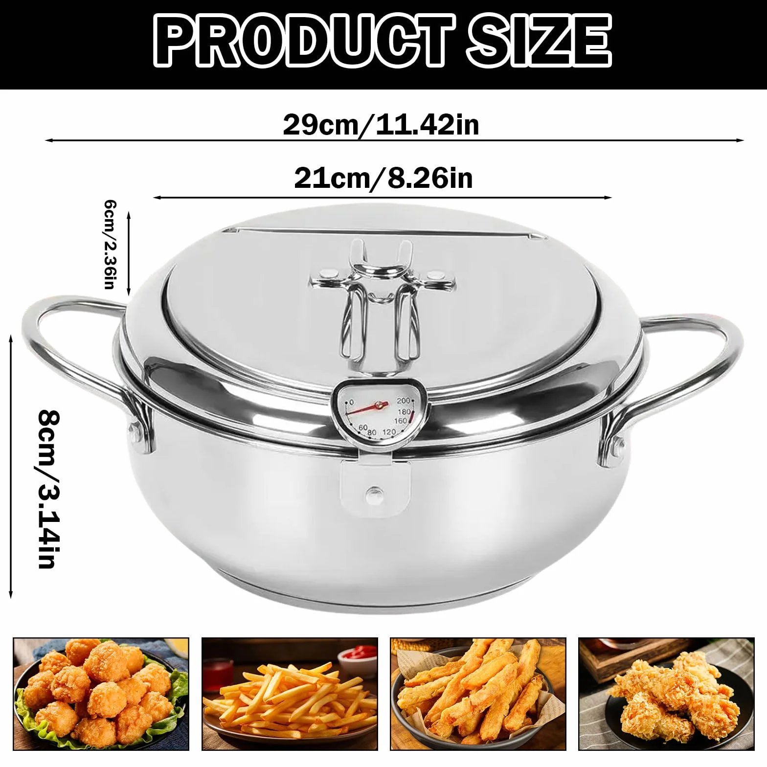 frytkownica, japoński garnek do smażenia Tempura, frytkownica z termometrem, mały garnek ze stali nierdzewnej, pokrywka i ociekacz do frytek, ryb krewetek (20 cm)