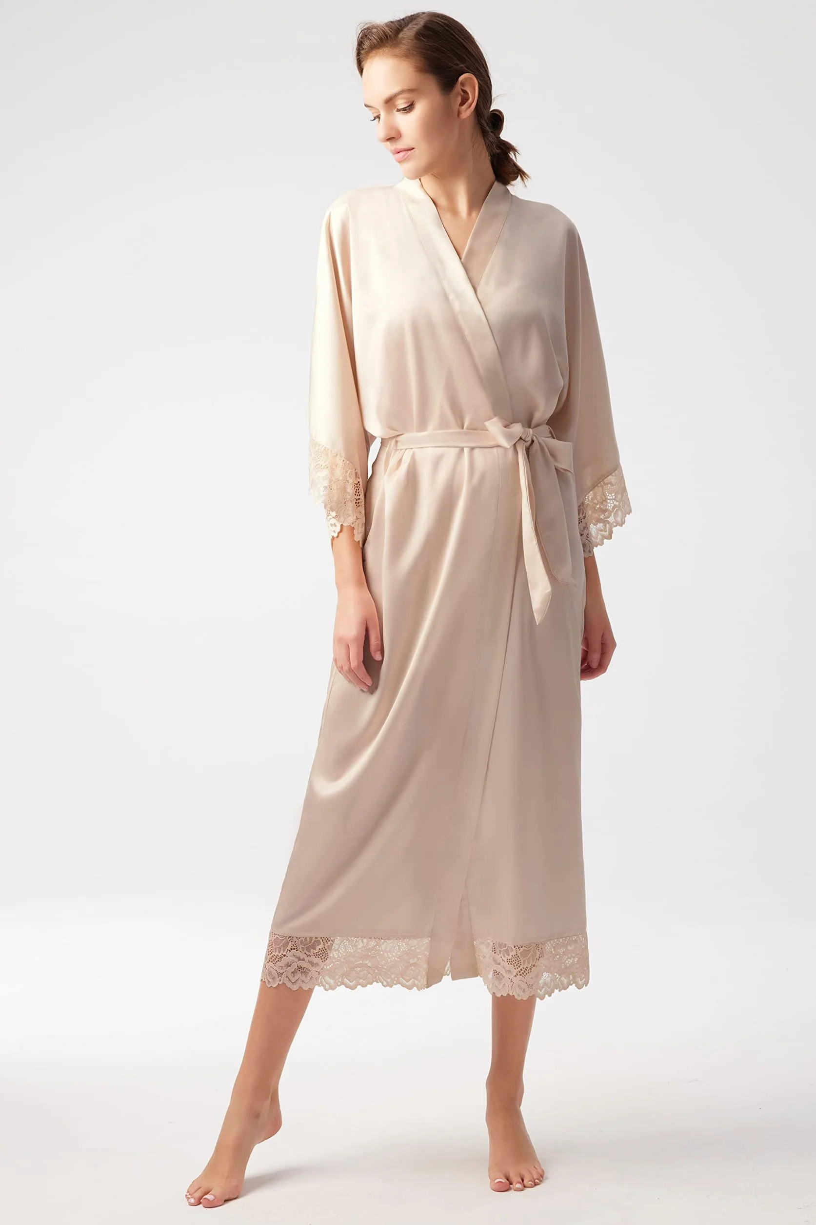 BABEYOND Damski szlafrok kimono z satyny, kimono, długi szlafrok, kolor, druhna, szlafrok kąpielowy z koronkowym wykończeniem, do bielizny nocnej, dla dziewczynki, na imprezę weselną, piżamowe przyjęcie