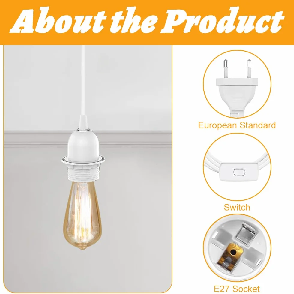 Oprawa lampy E27 z przełącznikiem z wtyczką, 3 sztuki oprawek E27 z kablem sieciowym 3 m, oprawka E27 z kablem do zawieszenia lampy, lampa wisząca, do kuchni, salonu, biała