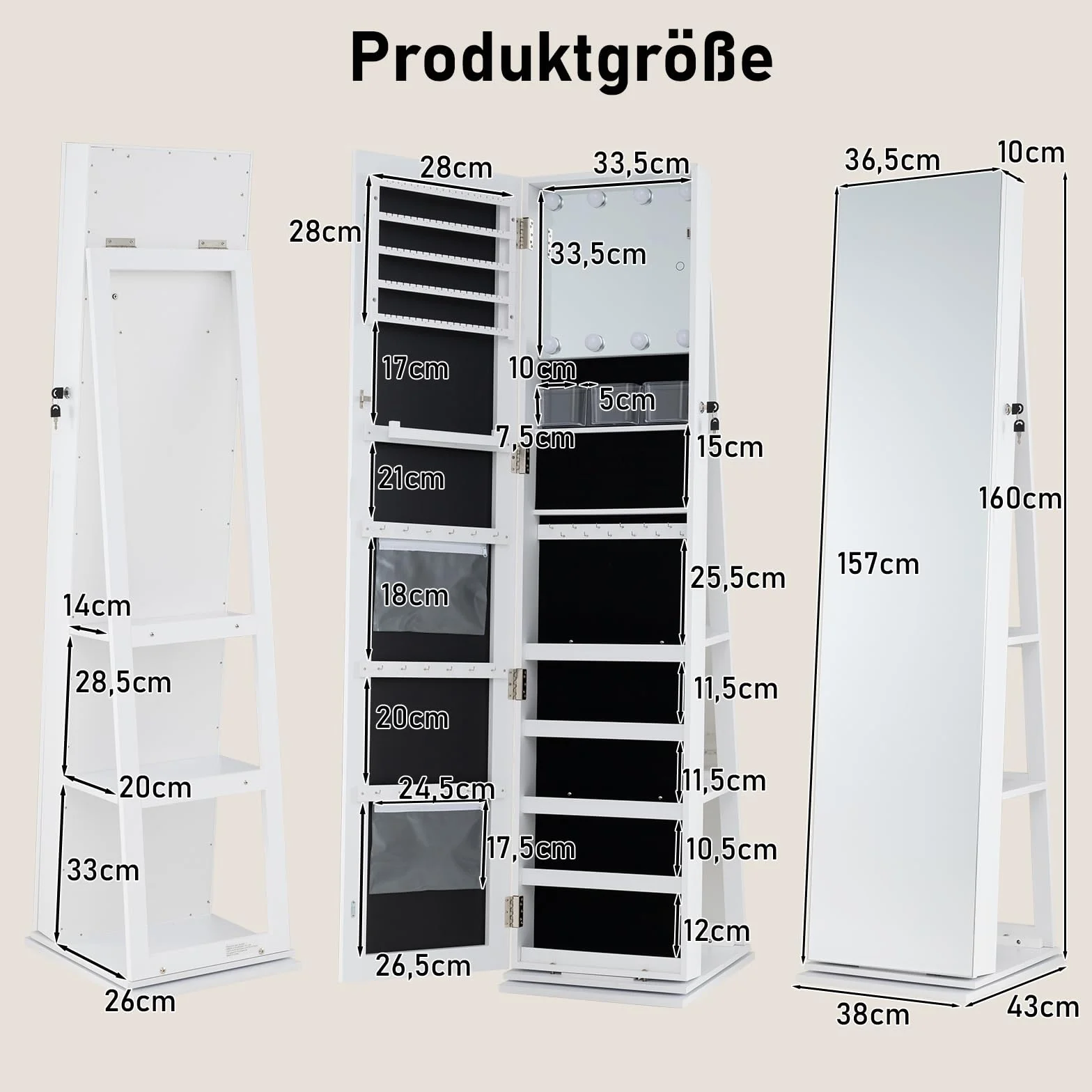 COSTWAY Szafka na biżuterię, obracana o 360°, szafka z lustrem zamykana, z lampkami LED i lustrem do makijażu, wolnostojące lustro na całe ciało, do łańcuszków, kolczyków, makijażu (biała)