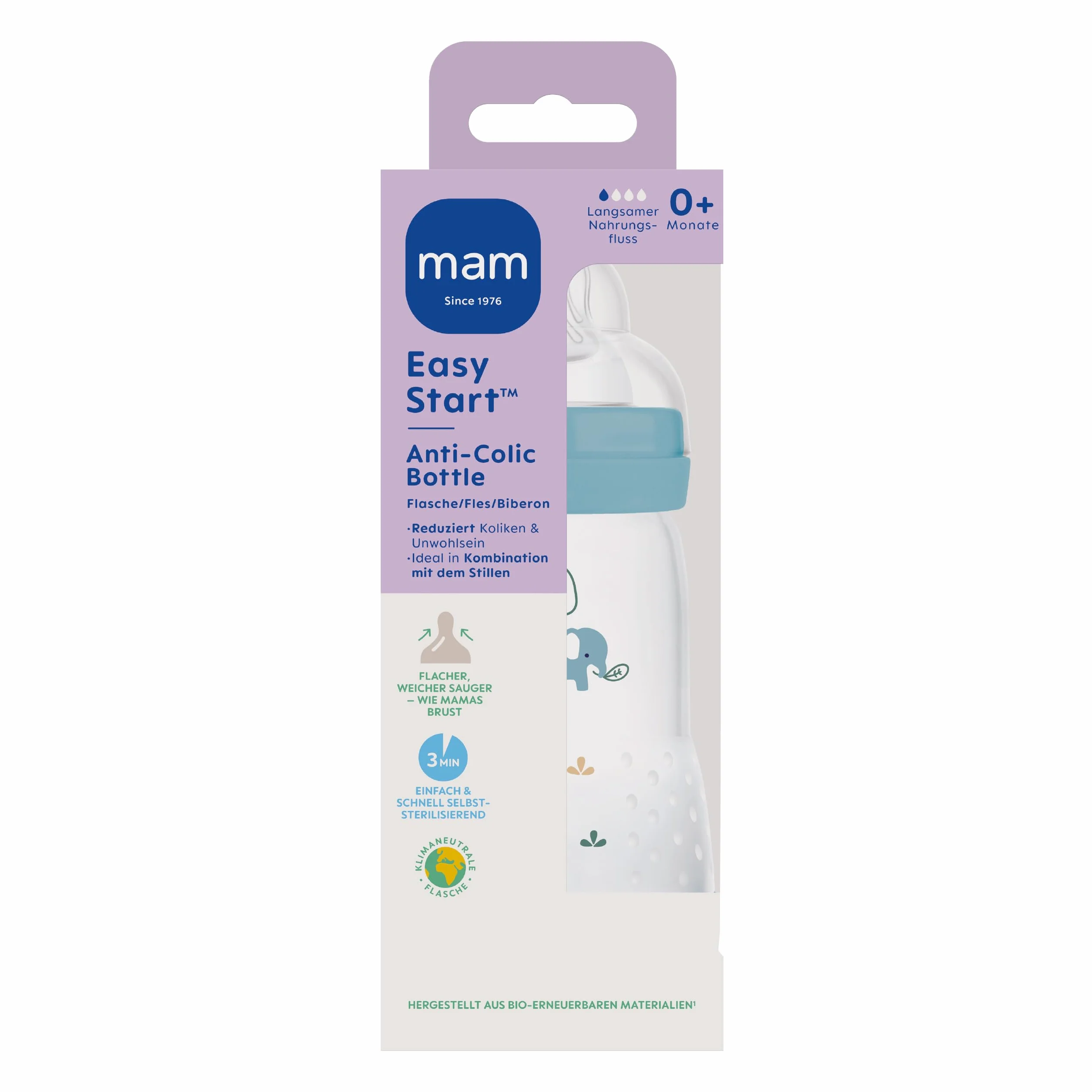 MAM Easy Start Anti-Colic butelka dla niemowląt (260 ml), wyjątkowo dobrze akceptowana butelka na mleko, butelka na napoje dla niemowląt z zaworem dolnym przeciwko kolce i ssaniu, rozmiar 1, 0+