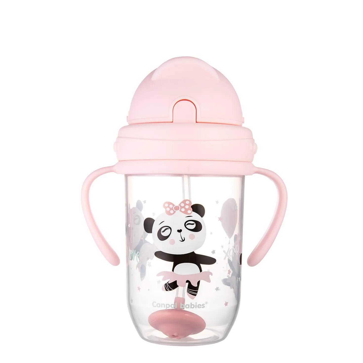 Canpol babies Kubek niekapek z rurką i odważnikiem EXOTIC ANIMALS 270 ml, 6 m+, Picie pod każdym kątem, Niekapiąca miękka silikonowa rurka, Szczelna pokrywka (Różowy Panda)