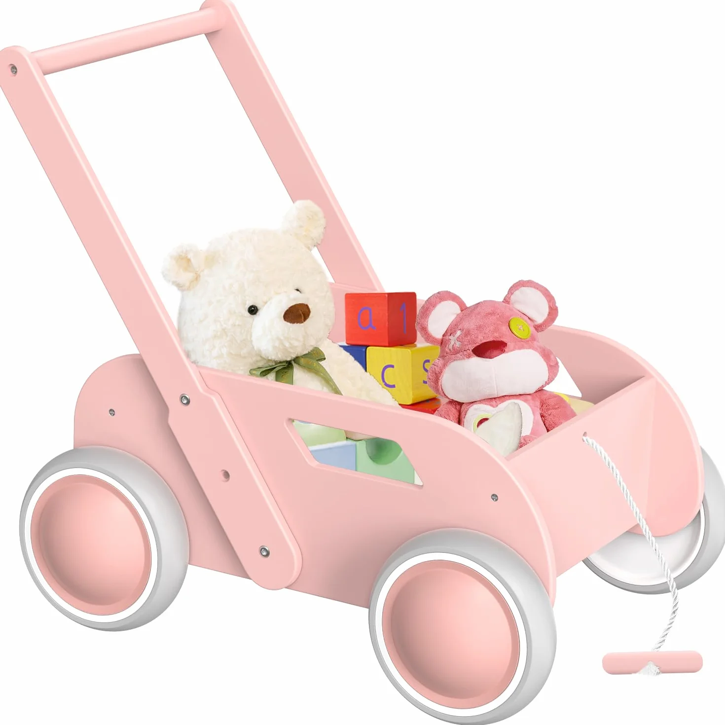 Drewniany wózek do nauki chodzenia dla chłopców i dziewczynek, wózek dziecięcy z drewna, Baby Walker z kółkami, prezent na urodziny, Boże Narodzenie, różowy