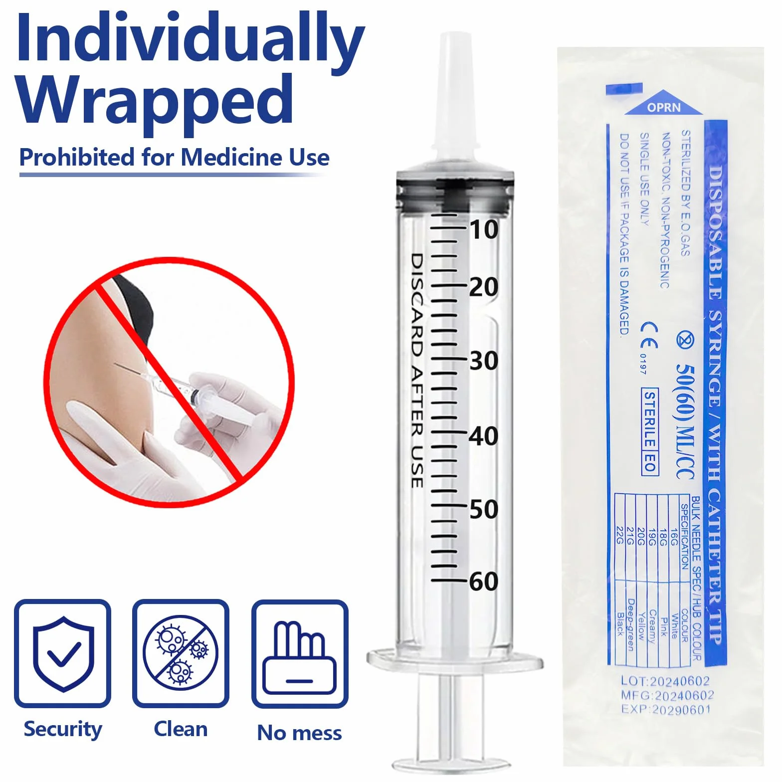 2 sztuki strzykawek 60 ml z wężykiem, 60 ml (50 ml) wielokrotnego użytku, strzykawka dozująca, pojedynczo pakowana, strzykawka bez igły do laboratoriów naukowych, nawadniania ogrodów, przemysłu