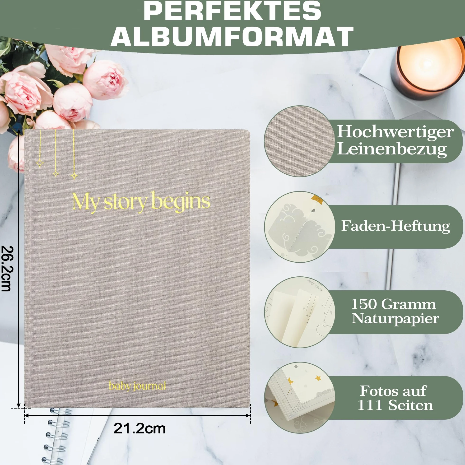 Album dla dziecka - wysokiej jakosci lniana ksiazeczka ze ztotymi wytloczeniami dla najpiekniejszych wspomnien- prezent dla dziecka z okazji narodzin (Różowy)