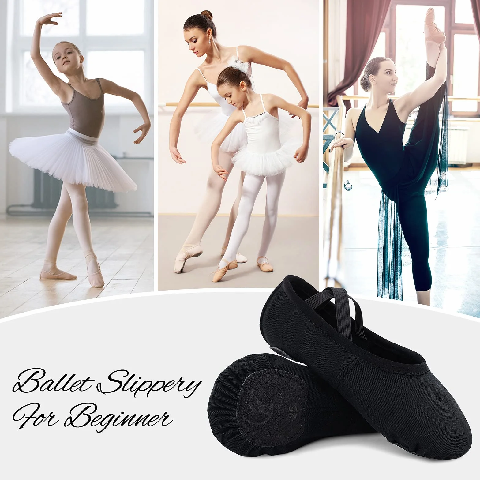 Buty baletowe dla dziewczynki elastyczne płótno podzielona skórzana podeszwa czarny 30 EU