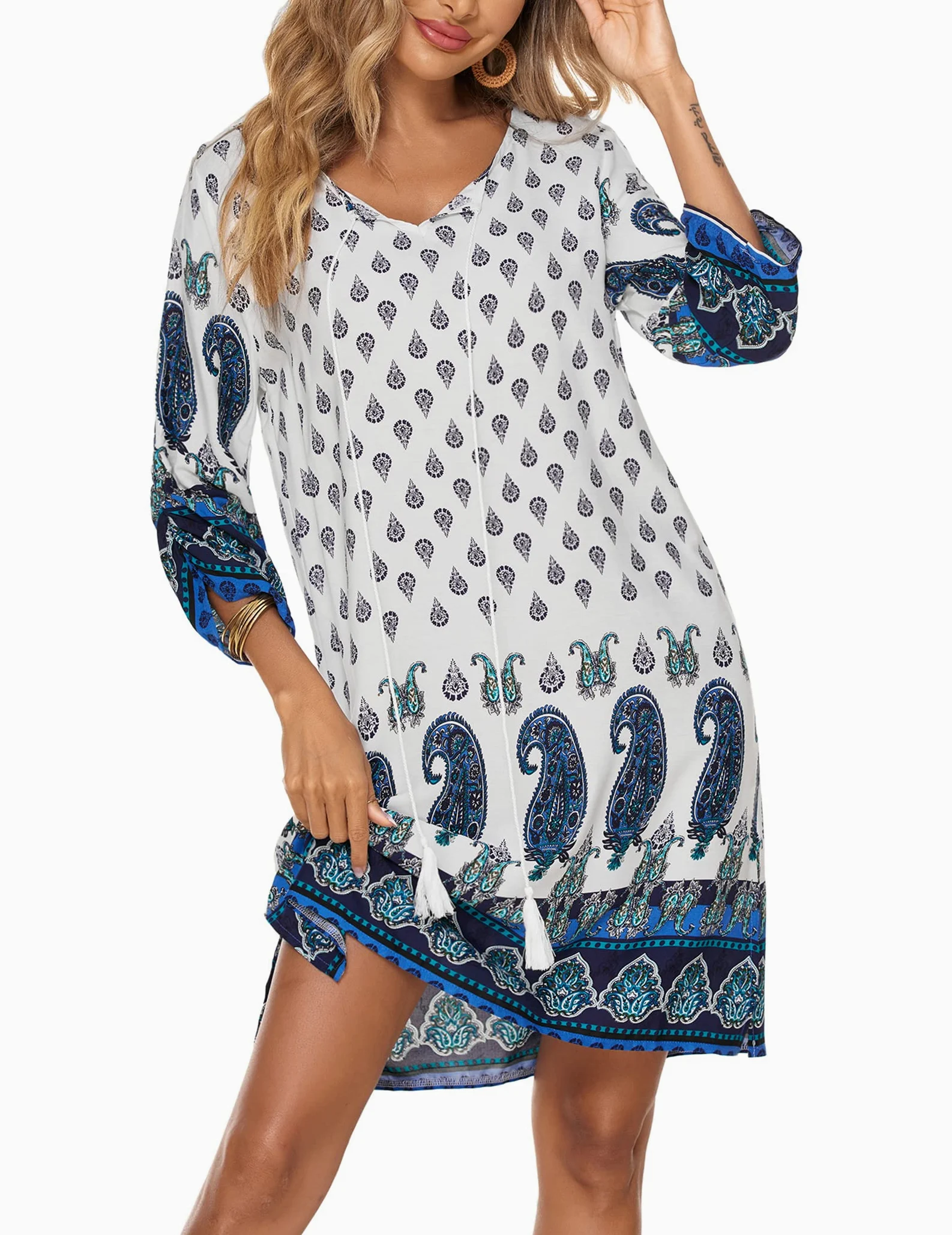 Beyove Damska tunika boho sukienka plażowa vintage rękaw 3/4 okrągły dekolt wzór kwiatowy