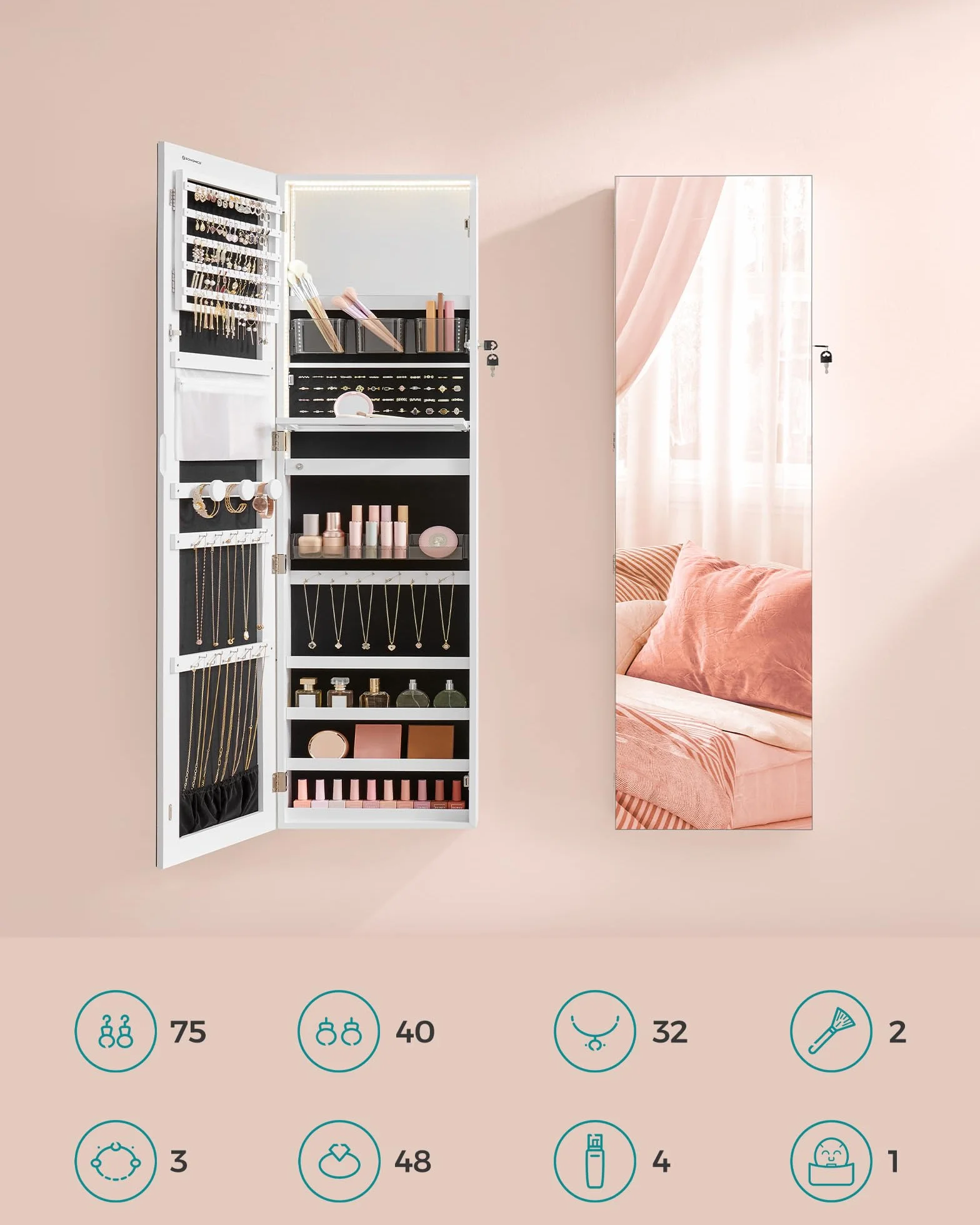 SONGMICS Szafka na biżuterię o wysokości 140 cm, organizer na biżuterię z podświetlanym lustrem wewnętrznym, szafka z lustrem montowana na ścianie lub drzwiach, zamykana, pomysł na prezent, chmurowa