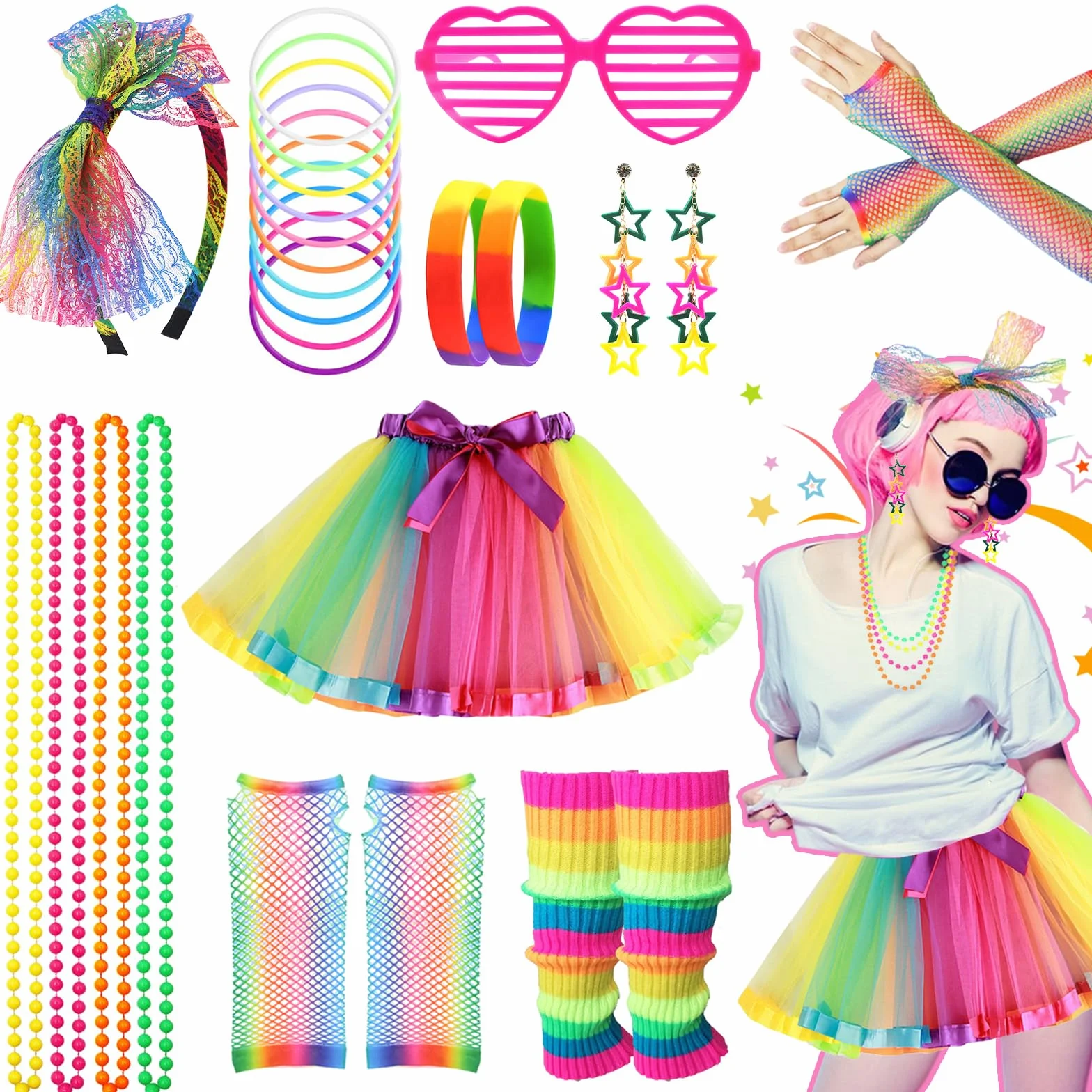 Przebranie w stylu retro w stylu lat 80. dla kobiet i dziewcząt, tęczowe akcesoria imprezowe z tutu, legginsy, rękawiczki, okulary, kolczyki, bransoletka, naszyjnik, opaska na głowę