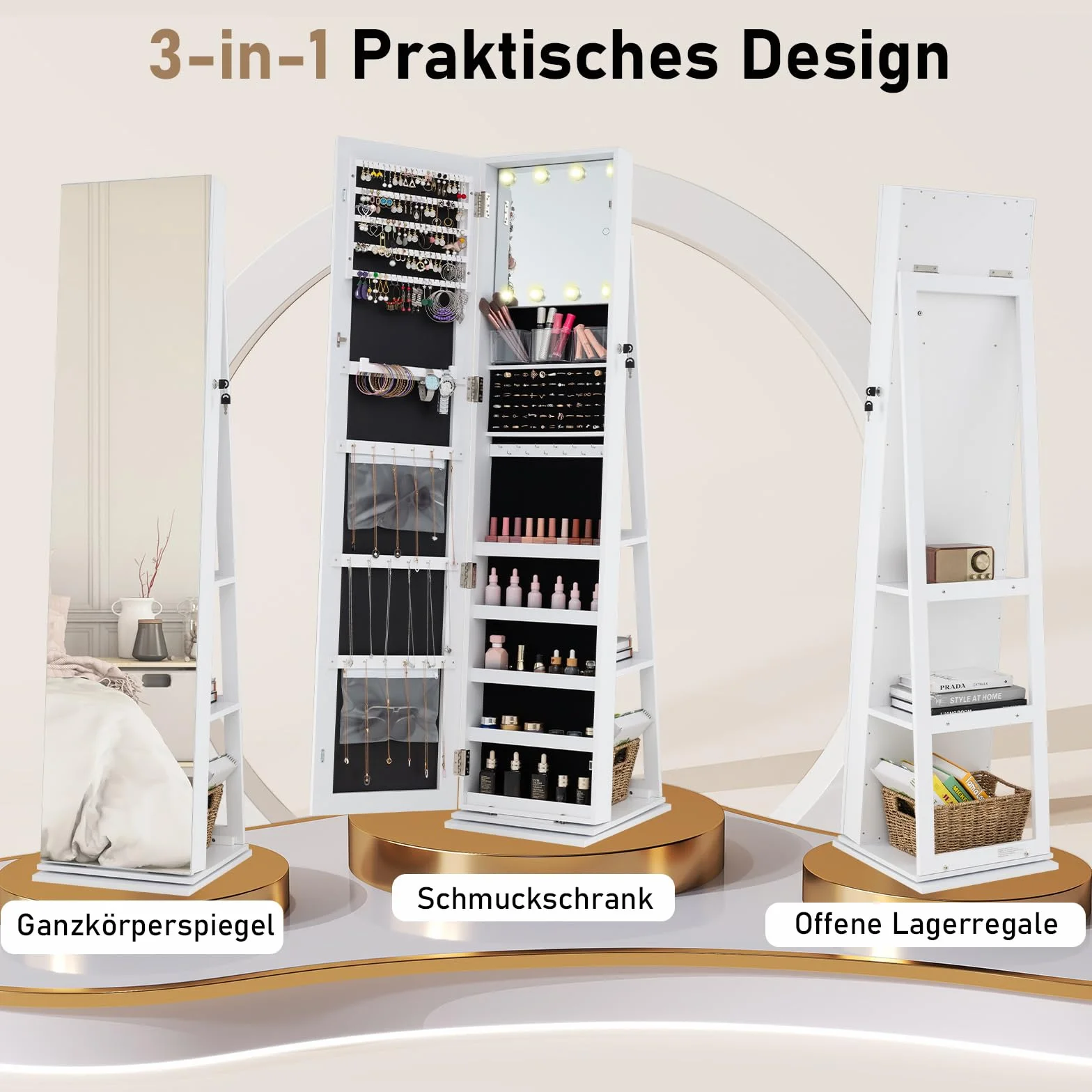 COSTWAY Szafka na biżuterię, obracana o 360°, szafka z lustrem zamykana, z lampkami LED i lustrem do makijażu, wolnostojące lustro na całe ciało, do łańcuszków, kolczyków, makijażu (biała)