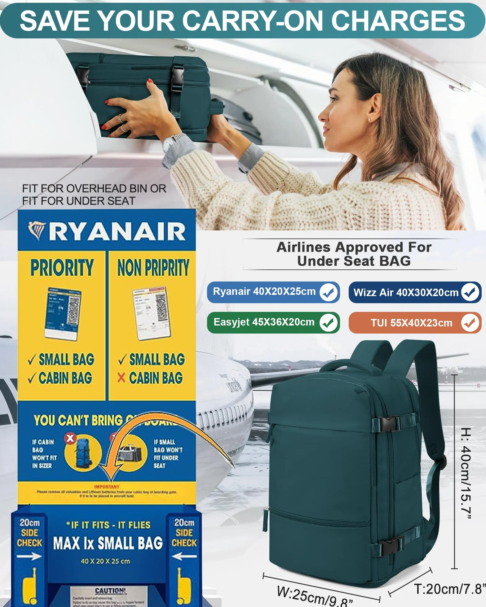 Bagaż podręczny Plecak 40x30x20 do podróży Ryanair, bagaż podręczny pod siedzeniem, torba podróżna do samolotu, wodoodporny plecak codzienny turystyczny,G3-Pawi niebieski