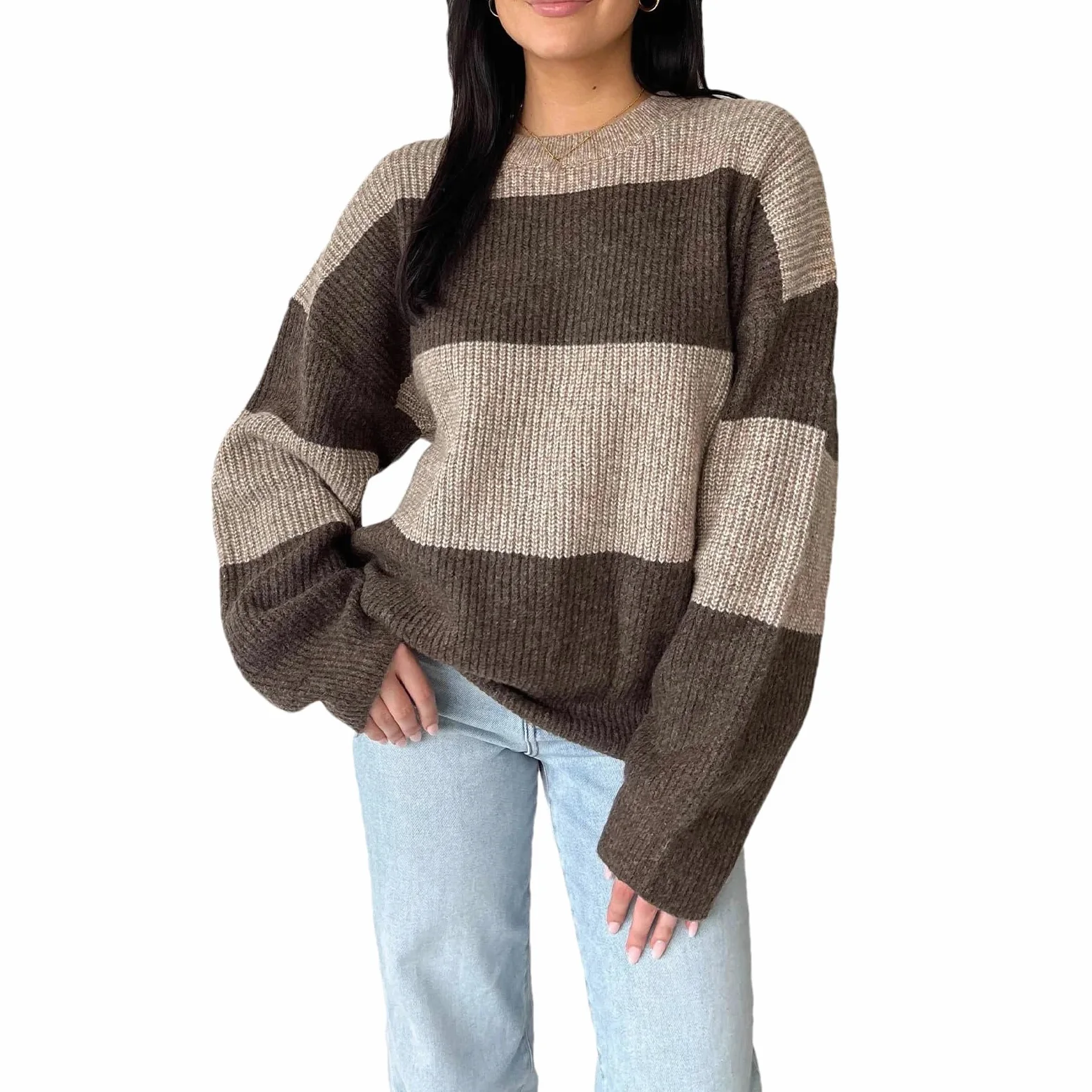 Damski sweter w jednolitym kolorze zimowy luźny długi rękaw modny dzianinowy S oversize sweter z prążkowanym okrągłym dekoltem