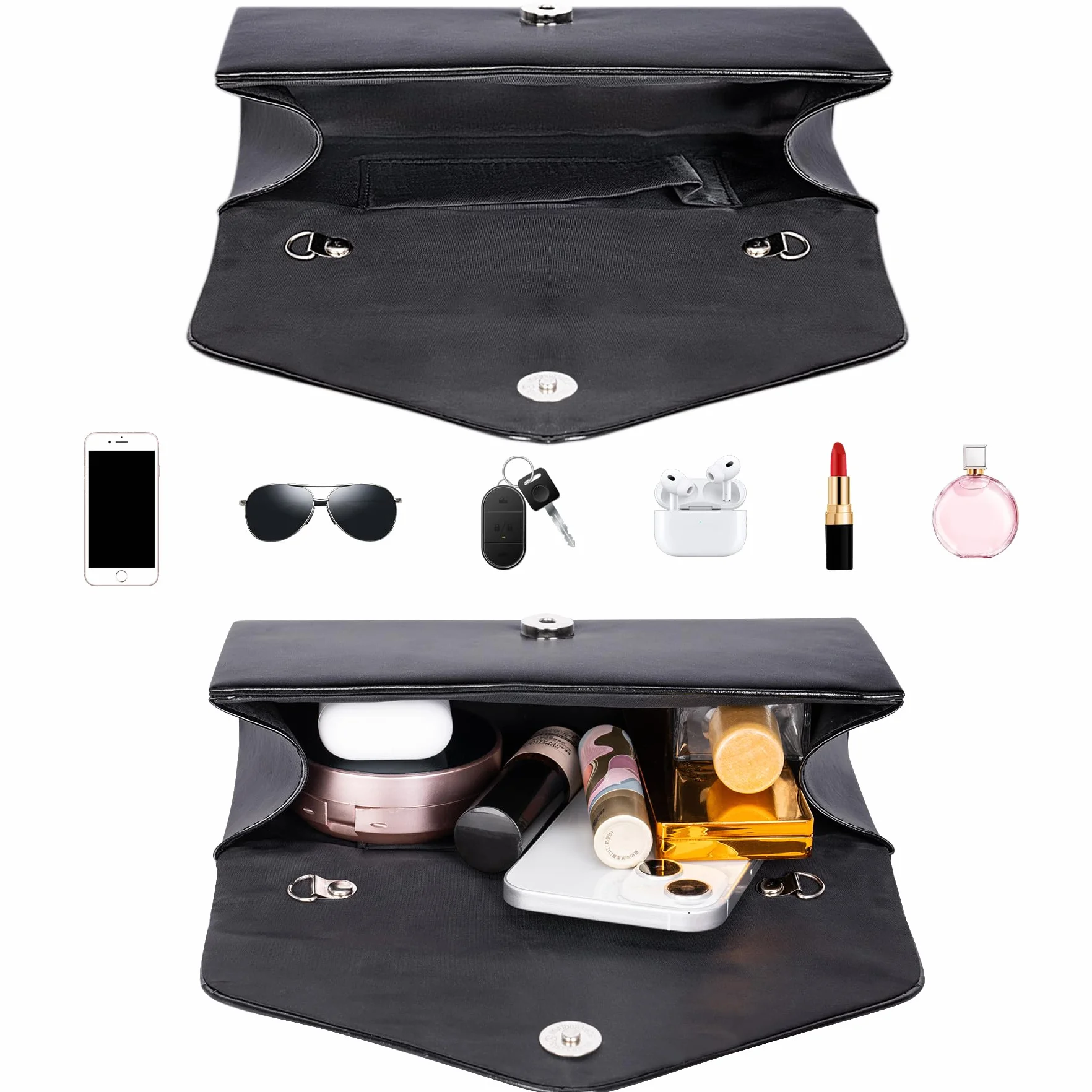 Larcenciel Clutch, elegancka skórzana torebka czarna ze zdejmowanym łańcuszkiem, modna torba skórzana Crossbody, mała torba na ramię, kopertówka, torebka wieczorowa na wesele, imprezę, bankiet, 22 x