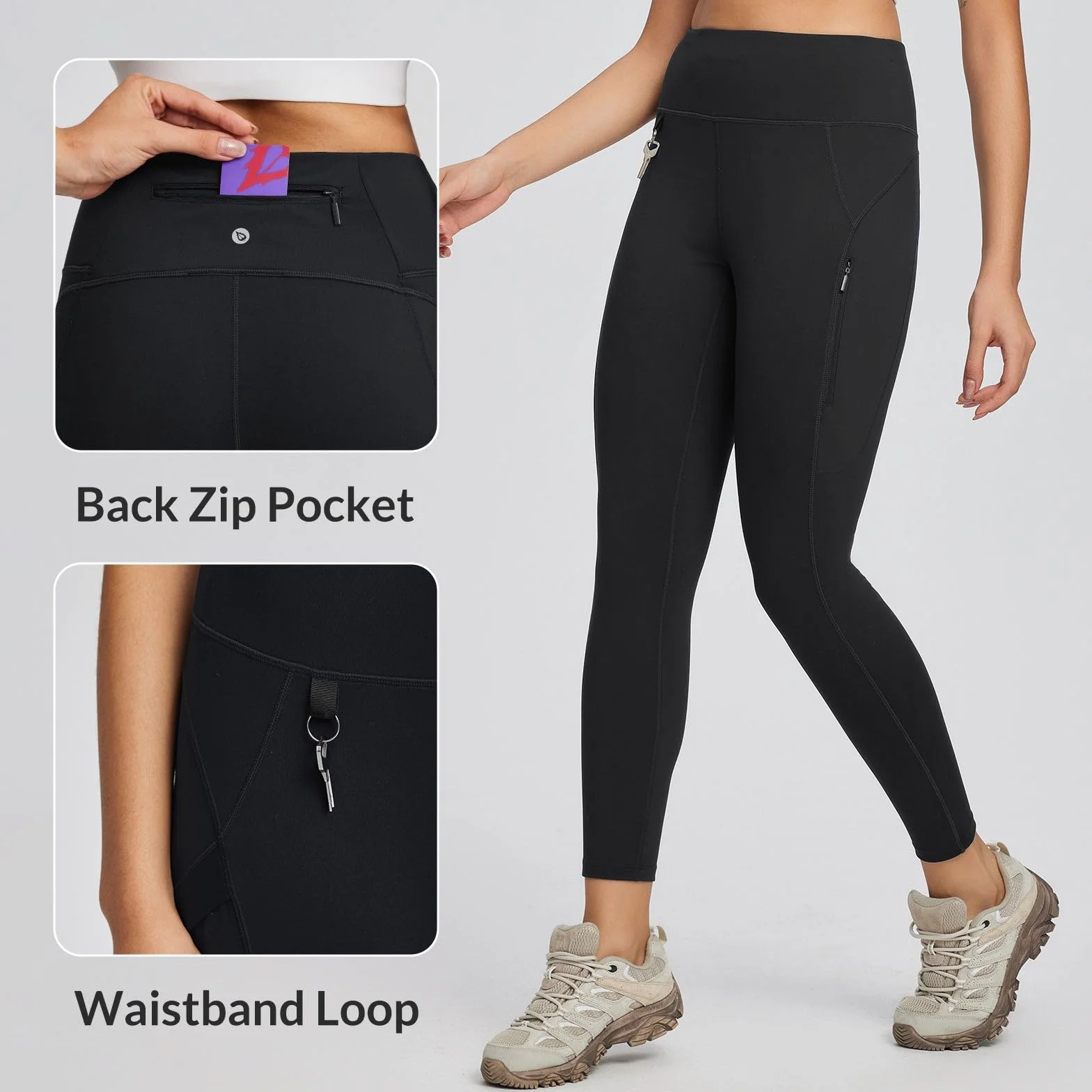 BALEAF Legginsy trekkingowe dla kobiet z 3 kieszeniami siłownia spodnie outdoorowe wysoka talia szybkoschnące
