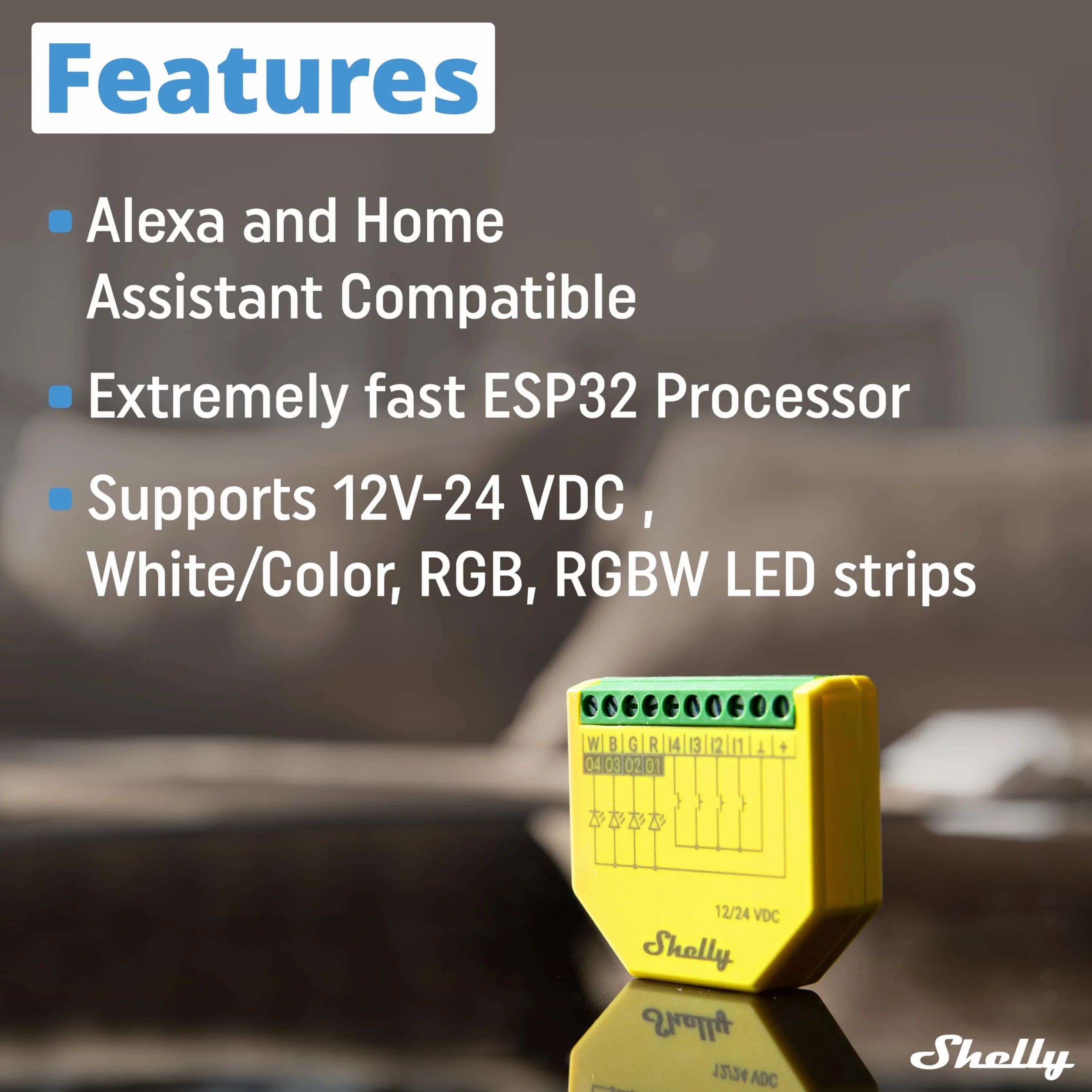 Shelly Plus RGBW PM - kontroler Wi-Fi do taśm LED 12-24 VDC białych lub kolorowych, RGB, RGBW i LED, funkcja pomiaru mocy, zdalne sterowanie, kompatybilny z Alexa, Google Home, aplikacją iOS, Android