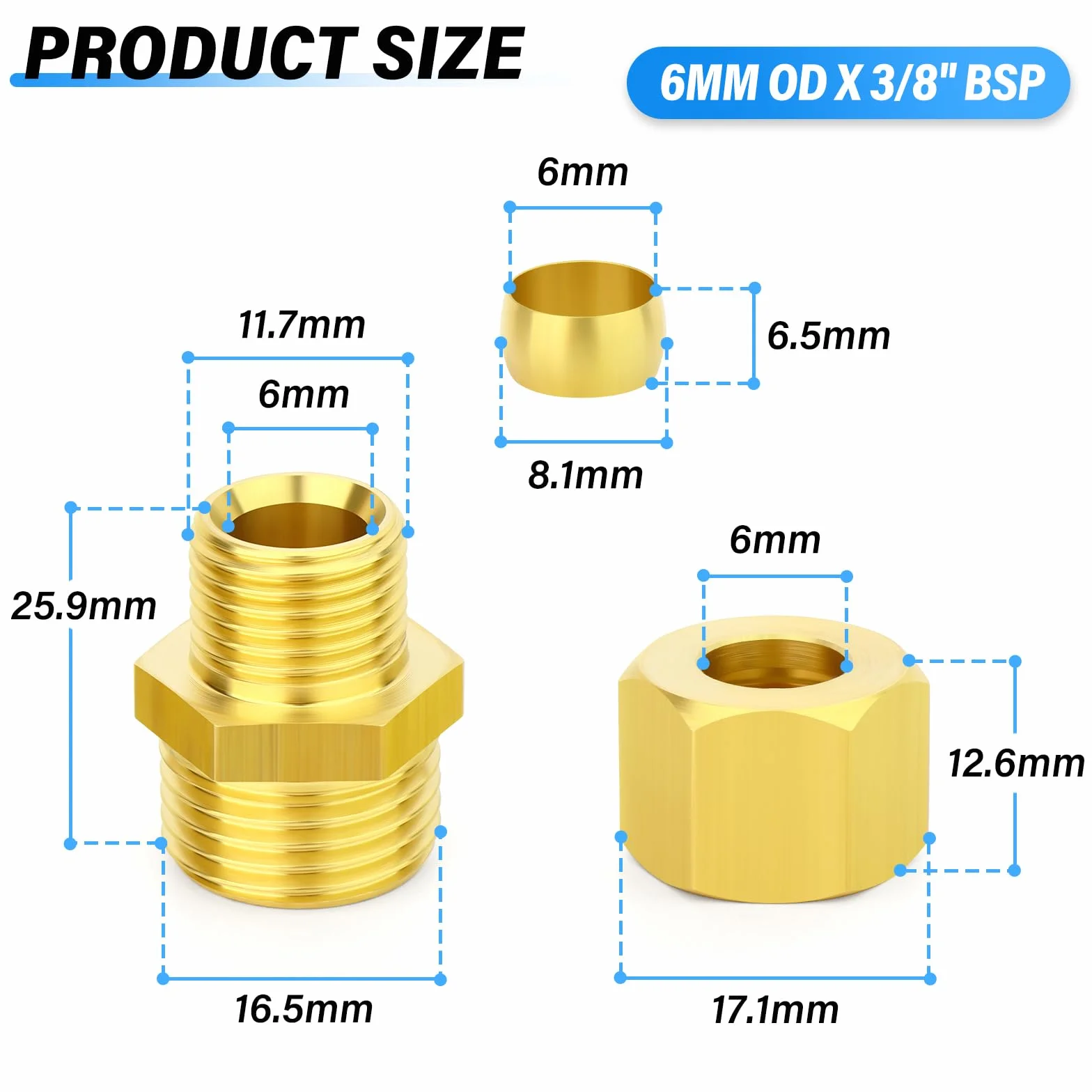 TAILONZ PNEUMATIC 2 szt. mosiężne złącze do rur kompresyjnych, średnica zewnętrzna 6 mm x złącze męskie BSP 3/20.3 cm