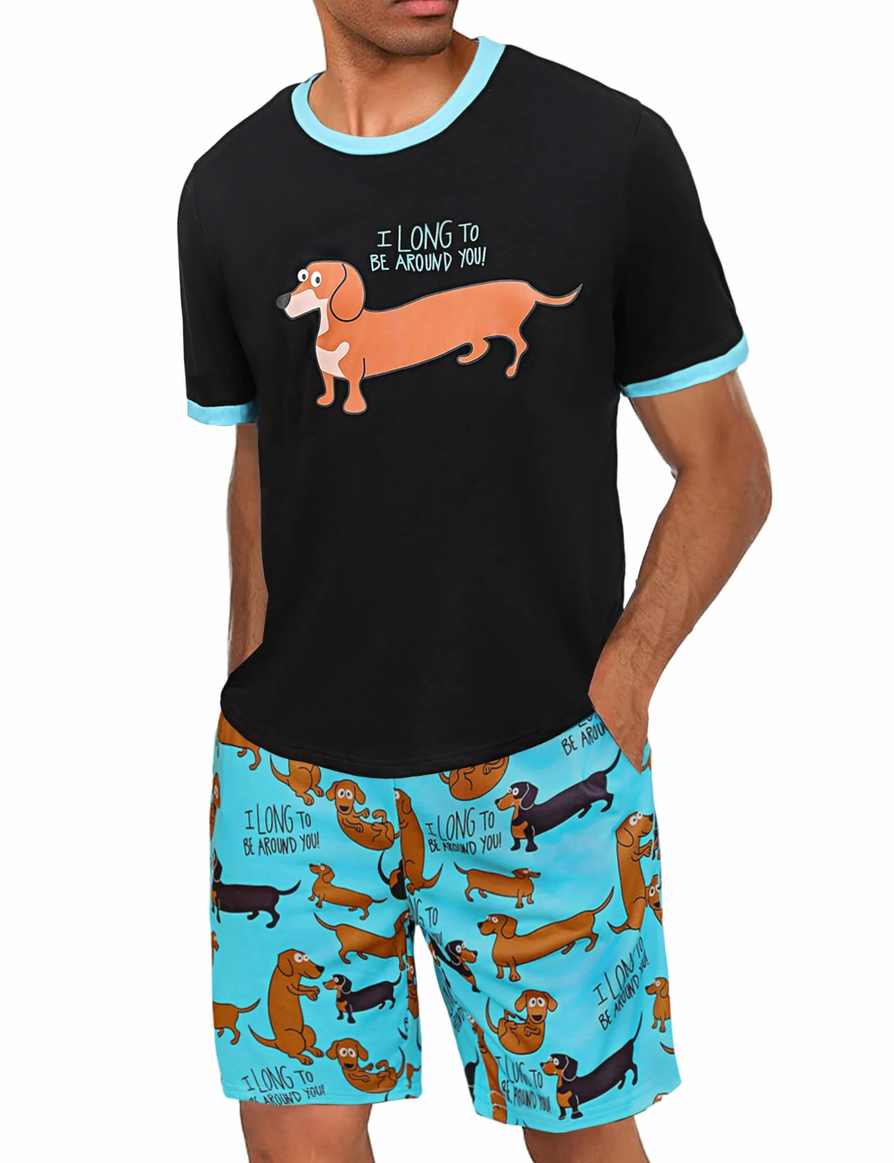 Demegimi Męska piżama bawełniana krótka zabawny pies duckelhund t-shirt spodnie piżamowe