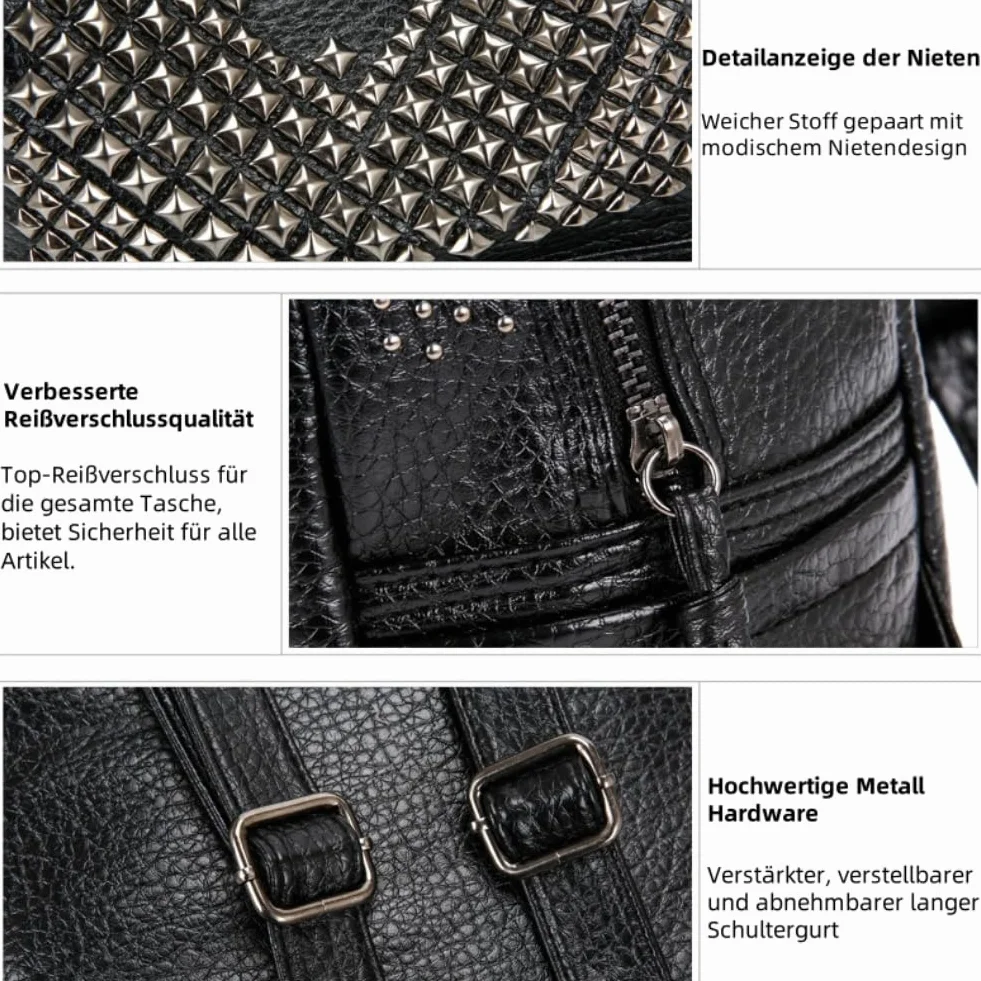 Rivet Design Luxe czarny plecak ze skóry PU torba na ramię wypoczynek torba podróżna torba szkolna plecak dla nastolatek dziewcząt, Czarny, M, Plecaki tornistry