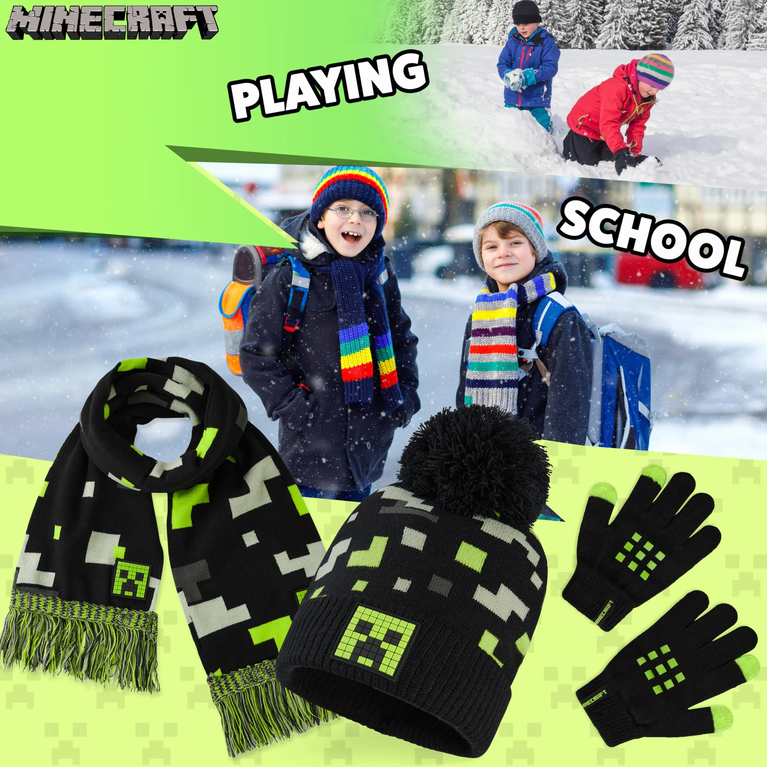 Minecraft Chłopcy Zestrynowy zestaw dzianin Junior Czarny/zielony/szary