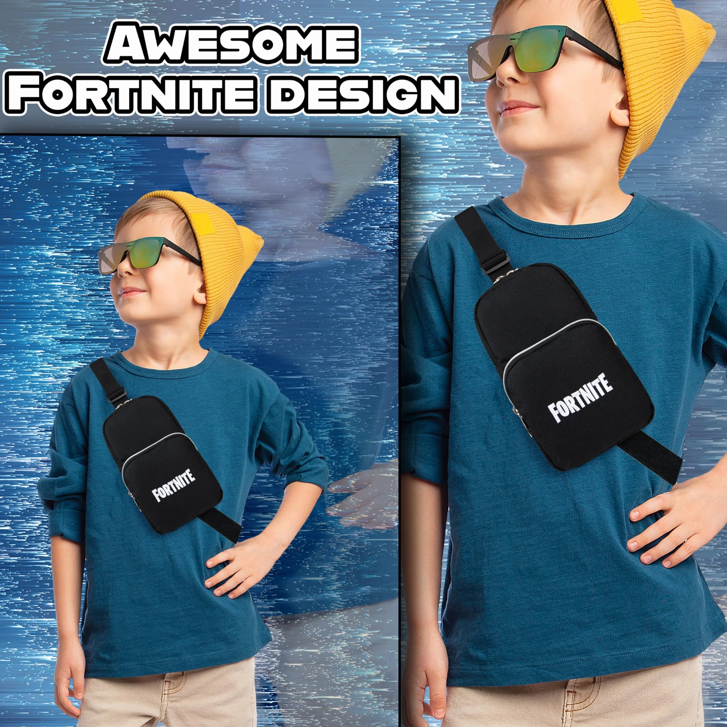 Fortnite Torba crossbody dla chłopców, nastolatków, z regulowanymi paskami, torba na klatkę piersiową, niezbędne akcesoria podróżne, portfele, telefon gracz, prezenty dla chłopców