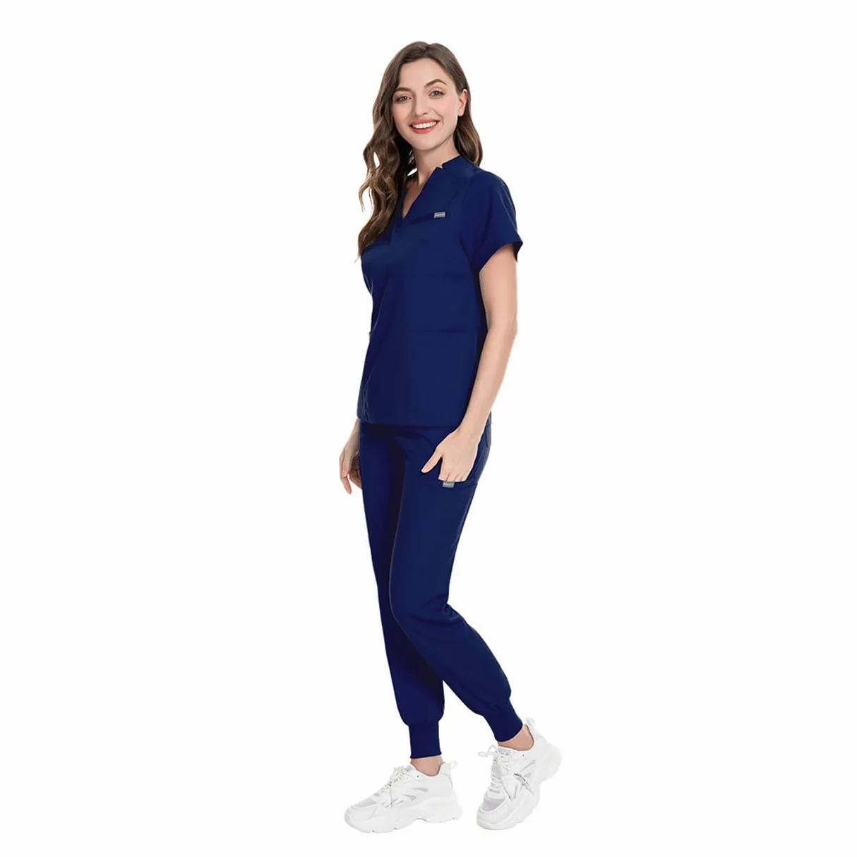 Mundury medyczne dekolt w serek stretch peelingi top z krótkim rękawem z 3 kieszeniami rozciągliwe spodnie joga joggery slim fit elastyczny pas DK09