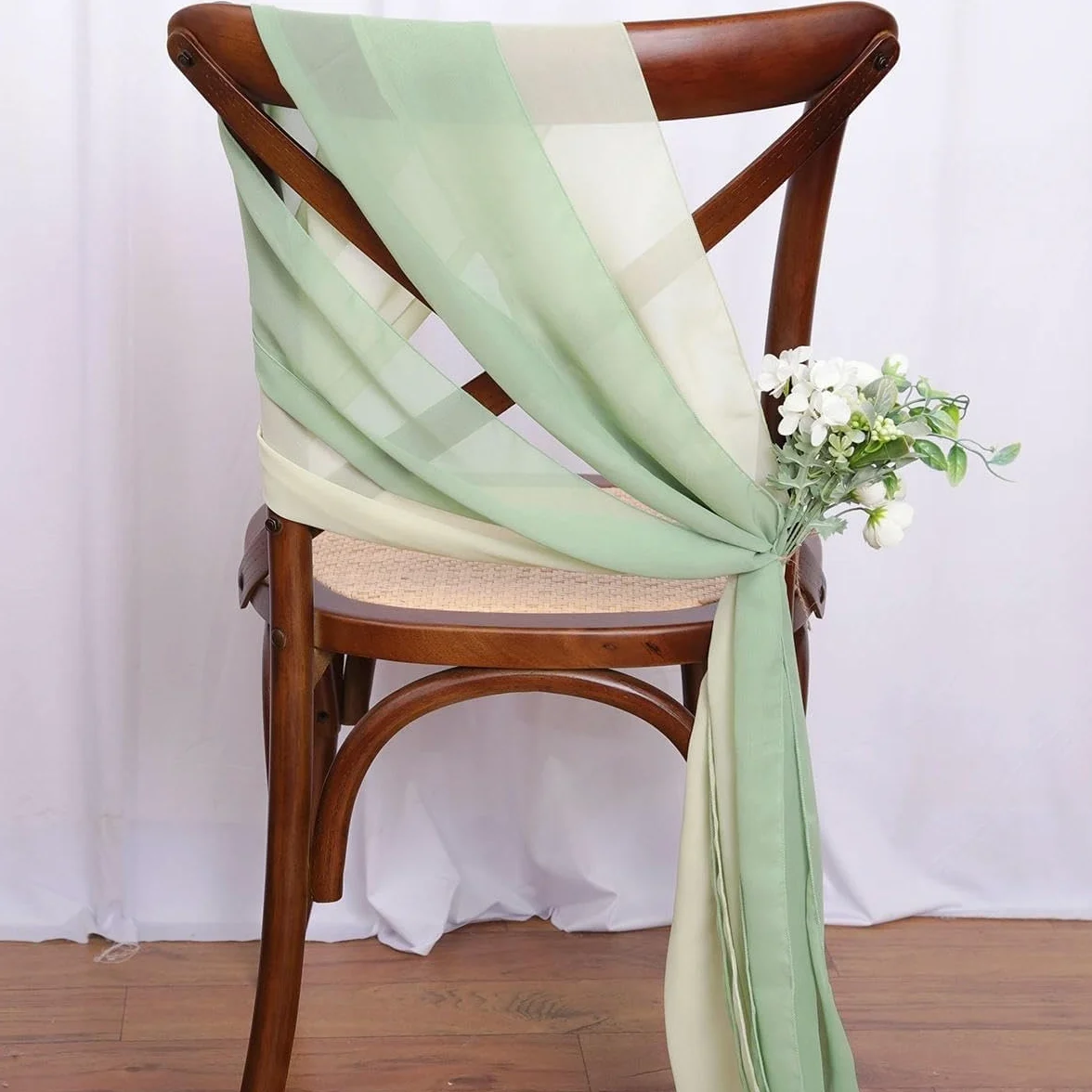 Szyfonowe szarfy na krzesło, dekoracje na krzesło weselne, długość 16 x 275 cm, szarfy dekoracyjne, 40 szt. szyfonowych szarf na krzesło, na imprezę w korytarzu, imprezę bankietową (zielone kemping)