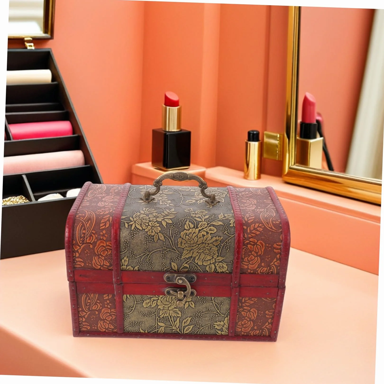 jojofuny Antique Wooden Jewelry Box Large Retro Treasure Chest with Lock for Storing Rings Necklaces Earrings Decorative Storage Organizer for Women