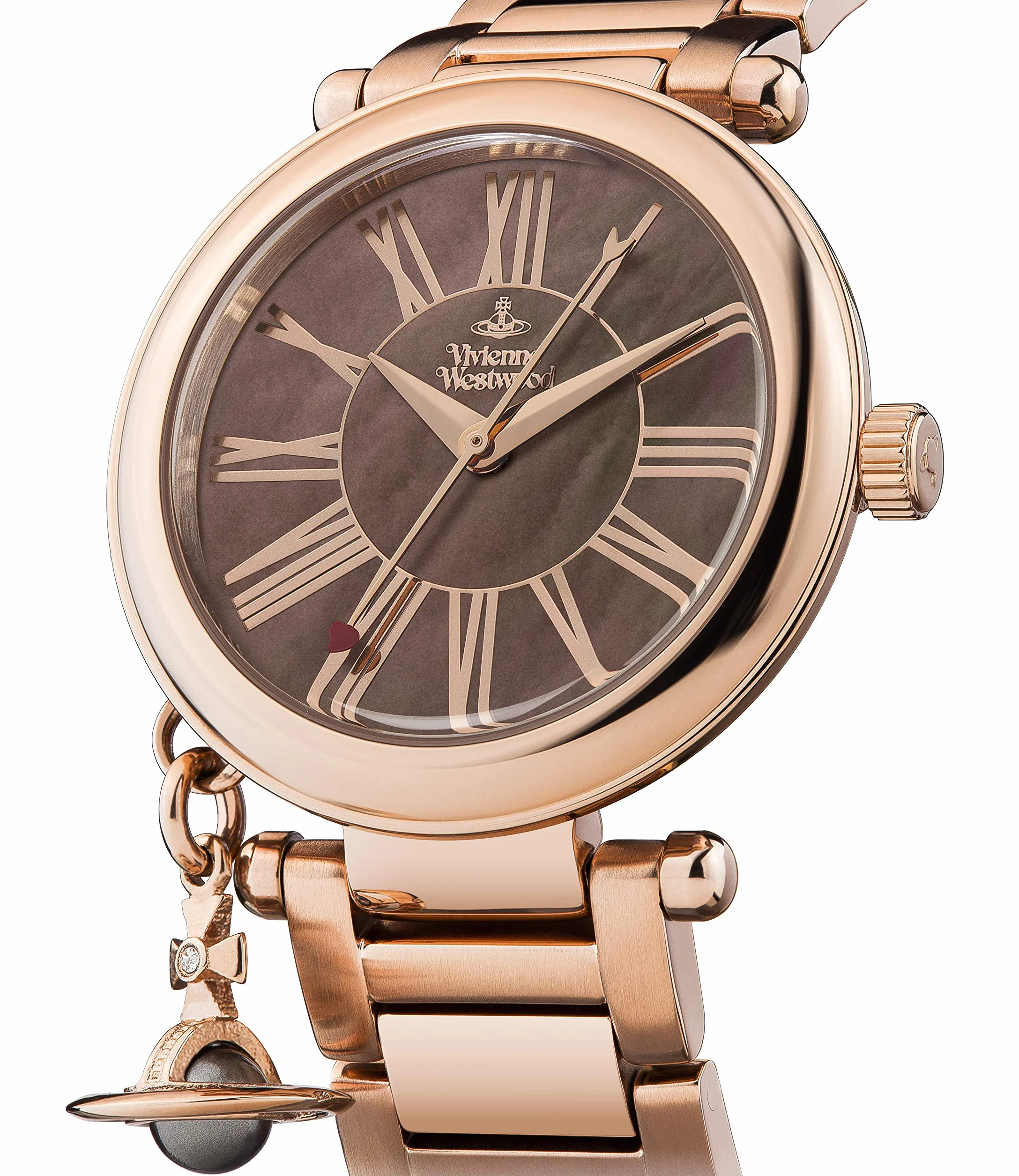 Vivienne Westwood Mother Orb damski zegarek kwarcowy z brązową tarczą MOP i bransoletką ze stali nierdzewnej w kolorze różowego złota VV006PBRRS, Brązowy, 32 mm, VV006PBRRS-AMZUK