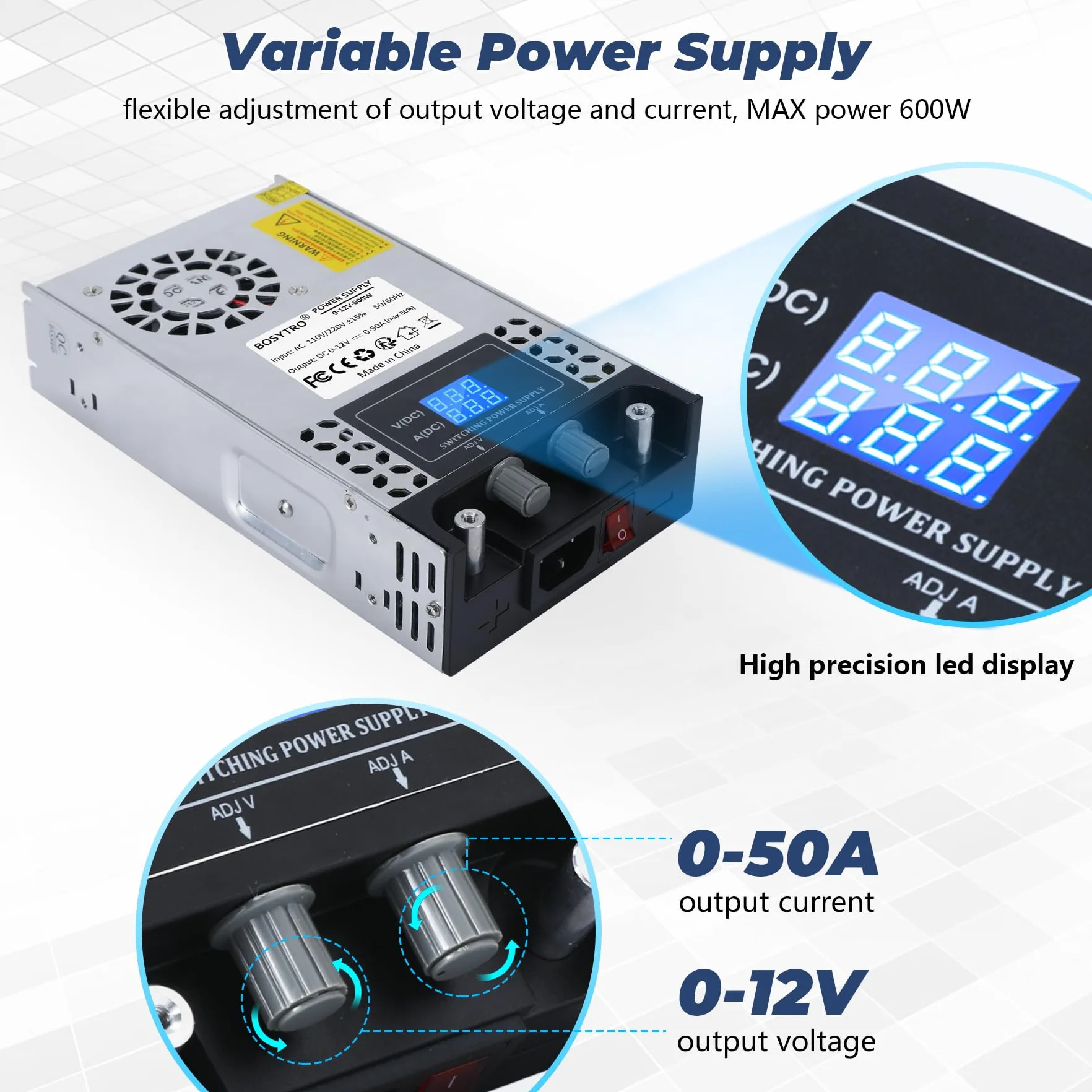 Regulowany Zasilacz 0-12V 0-50A 600W Impulsowy Transformator 230V na 12V Zasilacz do taśmy LED, CCTV, drukarki 3D, radio, kamera, laboratoryjny