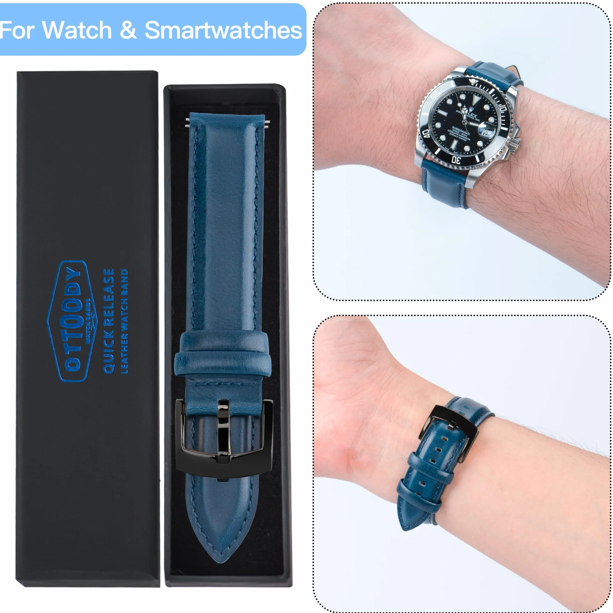 Ottoody Skórzany pasek do zegarka z szybkozłączką, 18, 19, 20, 21, 22 mm, elegancki zamiennik, dla mężczyzn i kobiet, do zegarka i smartwatcha