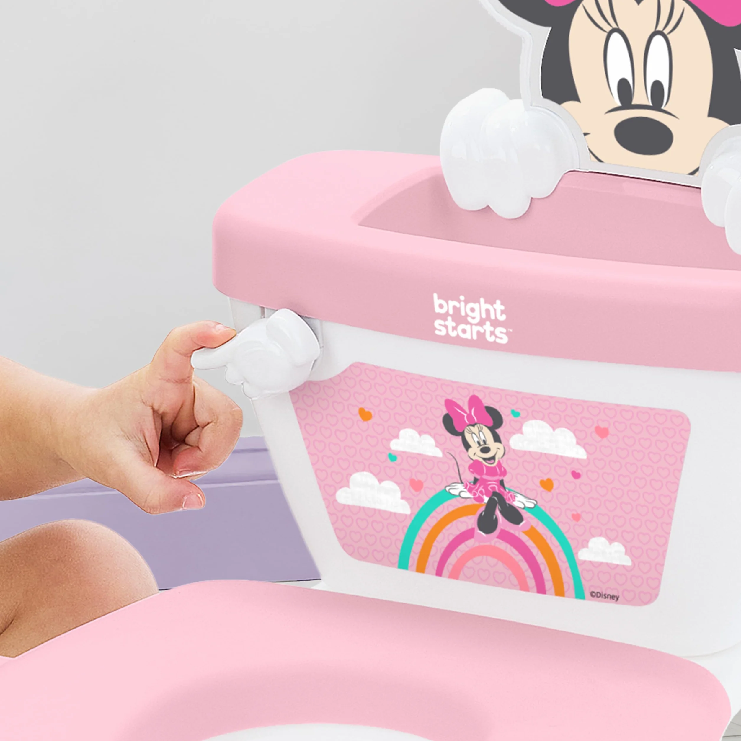 Disney Baby Minnie Mouse My Size toaleta do nauki korzystania z nocnika od Bright Starts, krzesło nocnika z dźwiękami spłukiwania i wiwatowania, zdejmowane siedzisko z ochroną przed zachlapaniem i