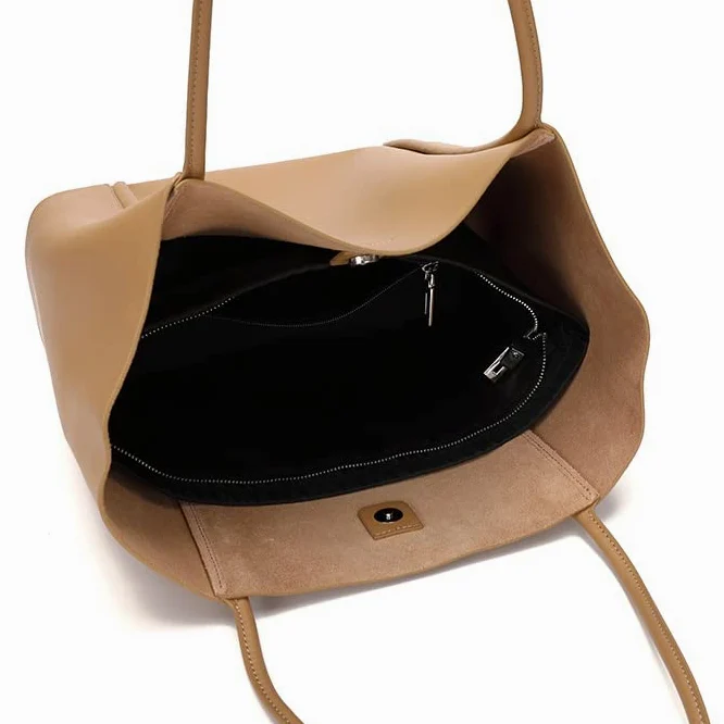 Prawdziwa skóra bydlęca - torebka damska na zakupy prezenty dla kobiet duża pojemność crossbody zamek błyskawiczny praca dojeżdżający do pracy na ramię vintage, Herbata mleczna, Large