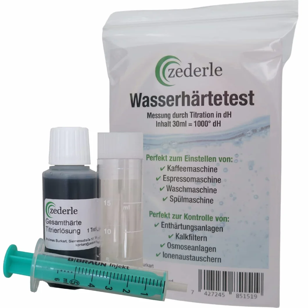 zederle Zestaw do testowania twardości wody 1 x 30 ml (odpowiada 1000 kropli) – bardzo wydajny, 40-500 pomiarów – szybki, łatwy i precyzyjny pomiar twardości wody – test twardości Made in Germany