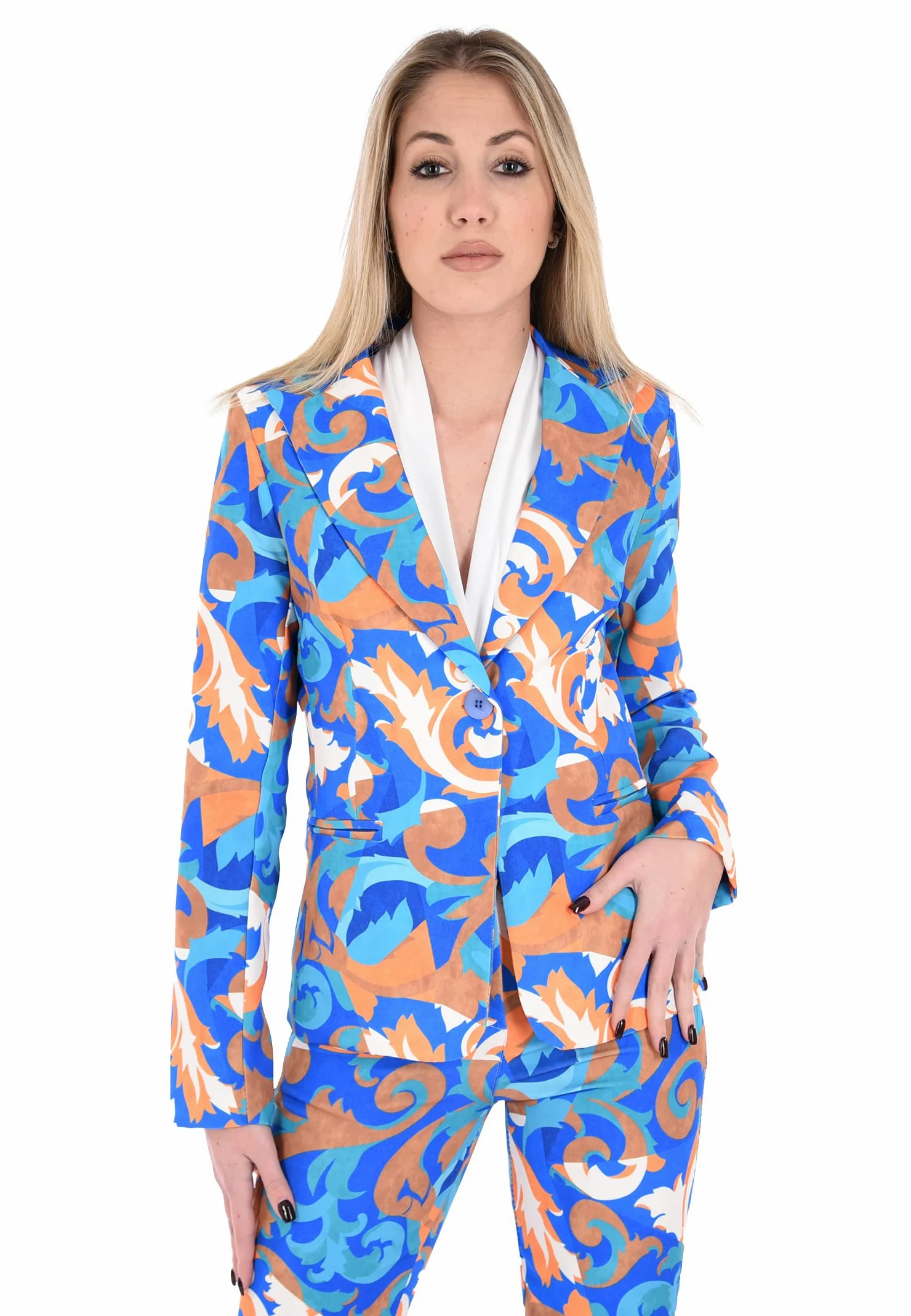 Marynarka Damska elegancka kurtka z kolorową świnią Sartorial Made in Italy, niebieski, M