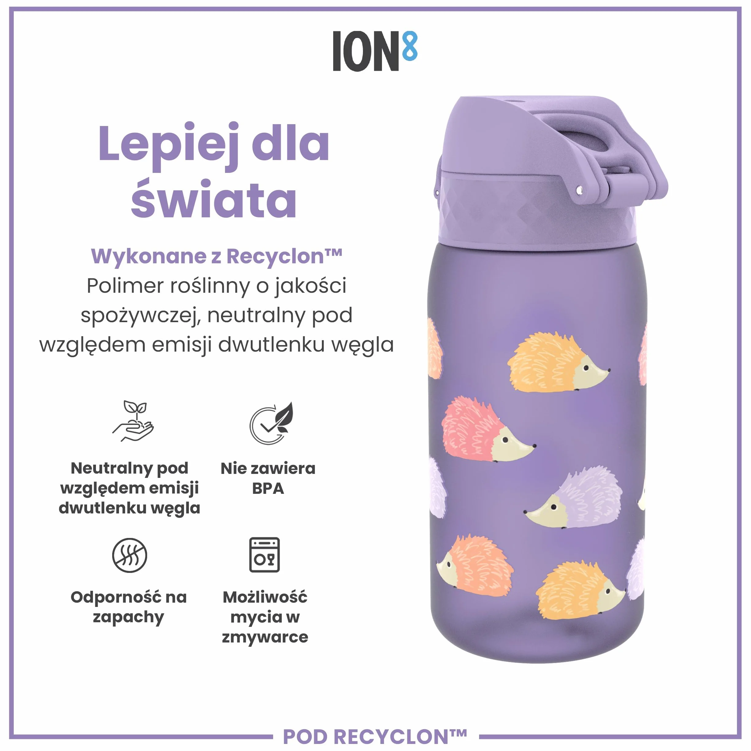 ION8 Butelka dla Dzieci, 350 ml/12 oz, Szczelna, Łatwa do Otwarcia, Bezpieczny Zamek, Można Myć w Zmywarce, Bez BPA, Uchwyt do Przenoszenia, Łatwa do Czyszczenia, Bezwonny, Jeże