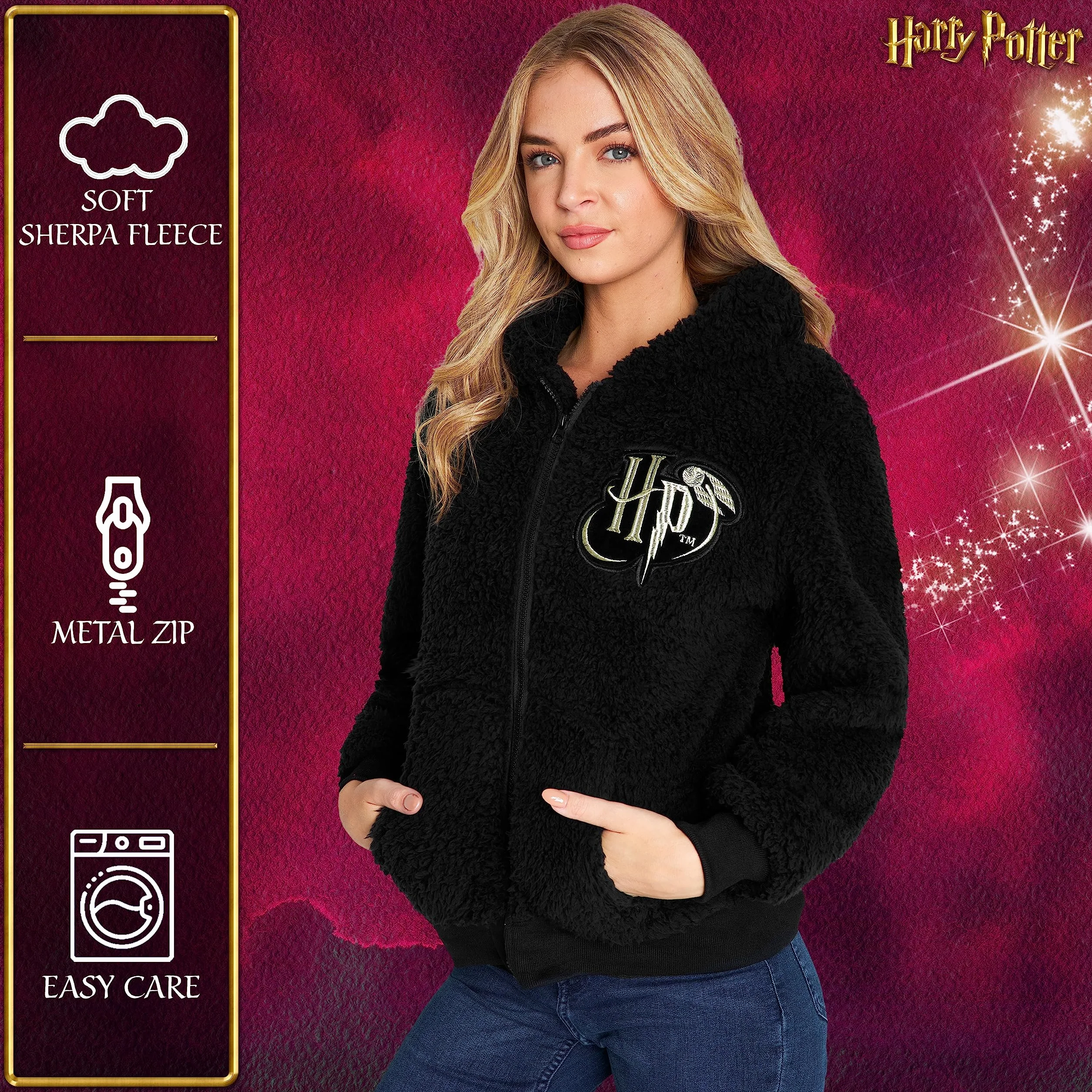 Harry Potter Sherpa Bluza z kapturem dla dziewczyn, zapinana na zamek, polarowa bluza z kapturem dla dzieci nastolatków (Czarny HP Kids)