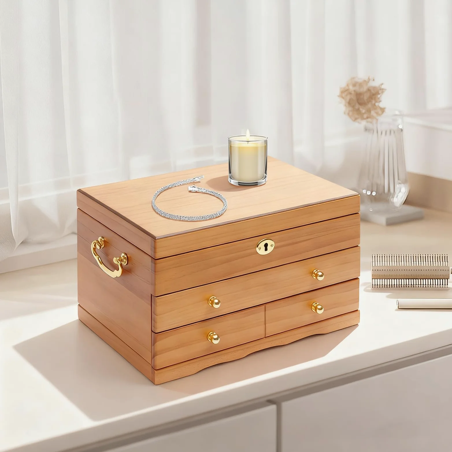 Drewniana szkatułka na biżuterię w stylu vintage – trójwarstwowa drewniana szkatułka na biżuterię z zamkiem na klucze, 6 haczyków i aksamitnej odzieży – pudełko na biżuterię do przechowywania