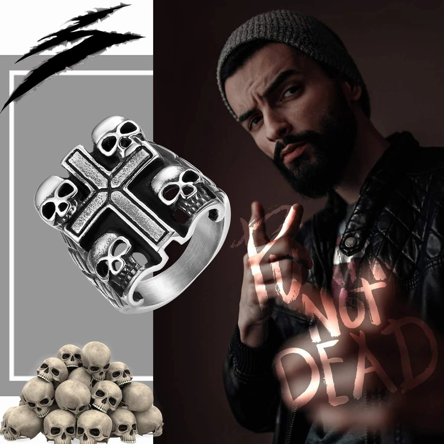 Retro Biker męski gotycki pierścionek z czaszką ze stali nierdzewnej, czarna srebrna