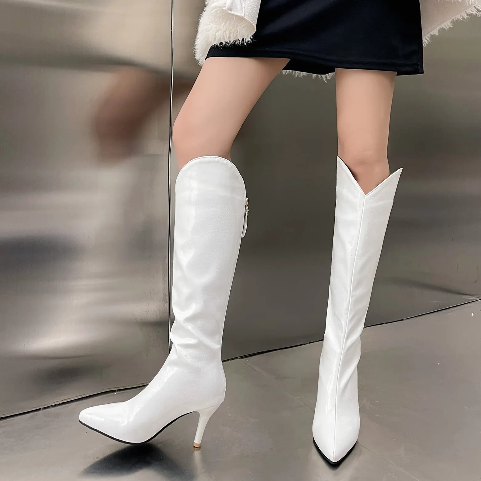 CUTEHEELS Damskie jednokolorowe buty na uda wysokie/nad kolanem ze szpilką i szpiczastym noskiem, biały (Weiß 1), 33 EU