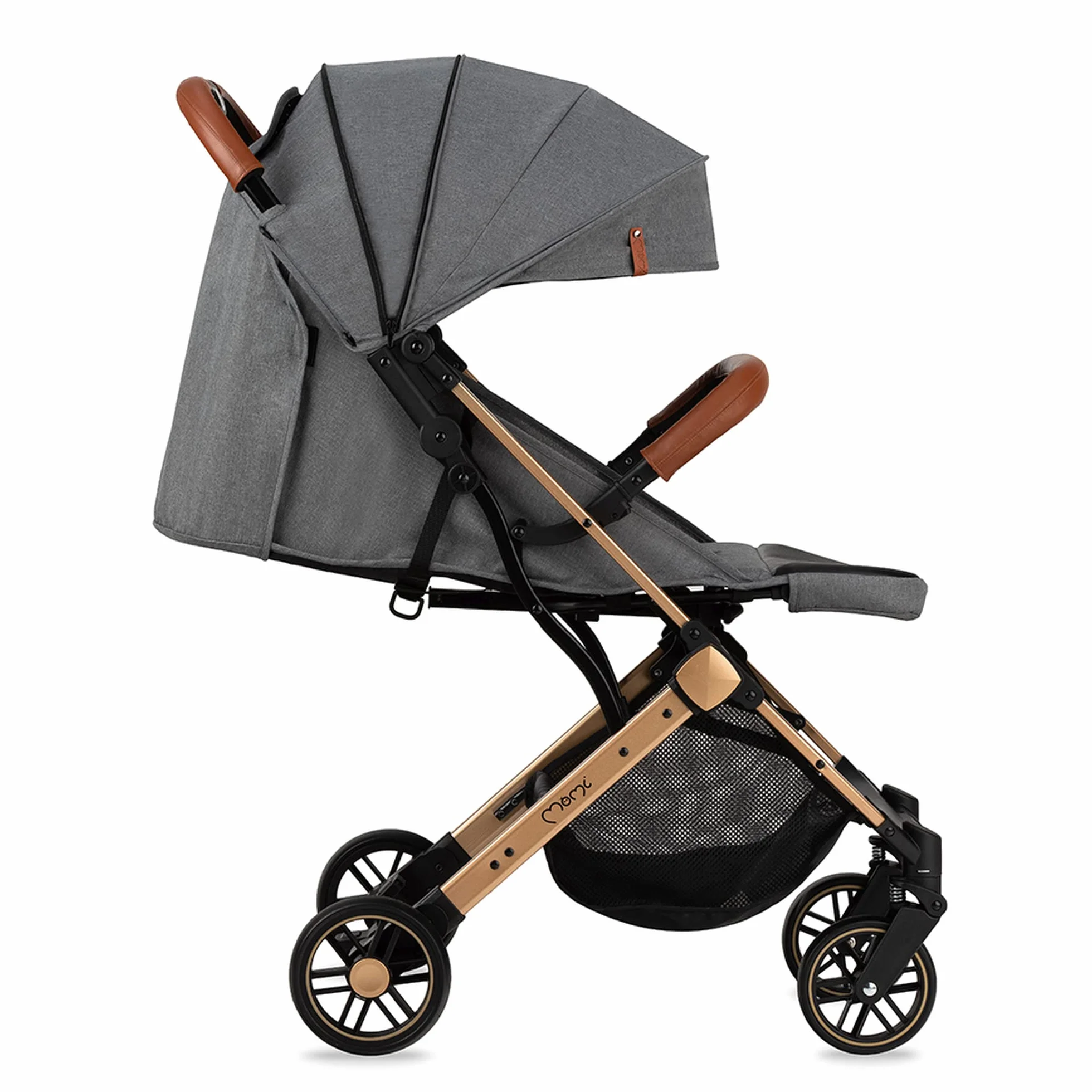 MOMI ESTELLE wózek dziecięcy dla dzieci od 6 miesięcy, do maks. wagi ciała 15 kg, składany do wymiarów 65 x 51 x 21 cm, waga 7,5 kg, 5-punktowy pas bezpieczeństwa, walizka, szaro-złoty