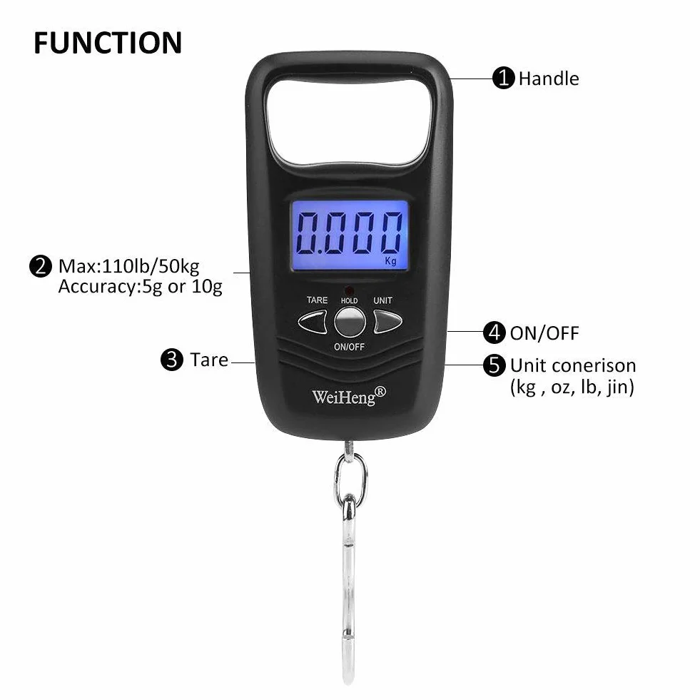 Cyfrowa waga wisząca 50 kg LCD z podświetleniem, elektroniczna waga hakowa, czarna