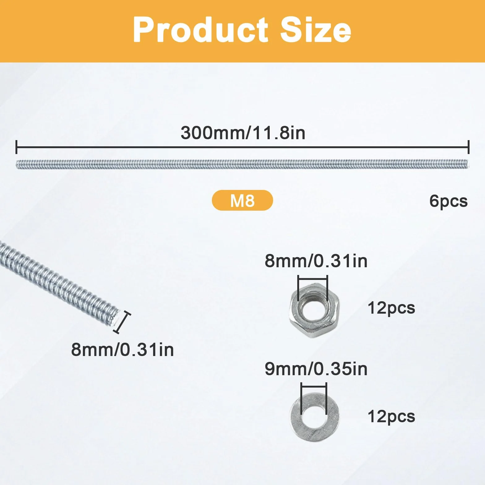 Pręty gwintowane M8 x 30 cm pręt gwintowany ze stali nierdzewnej, 6 sztuk, pełne pręty gwintowane z 10 nakrętkami kołnierzowymi do maszyn i produkcji mebli