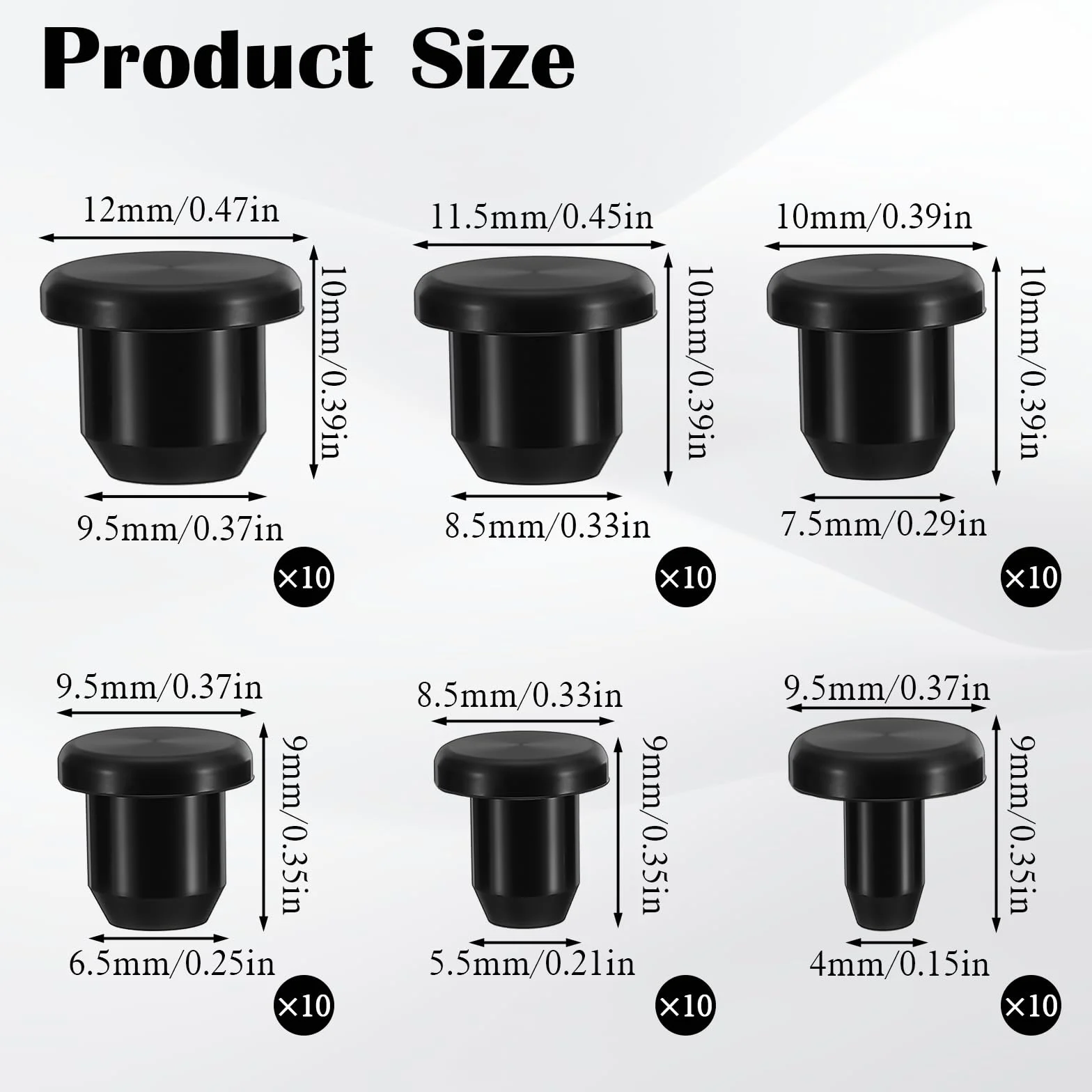 60 sztuk gumowych zatyczek okrągłych, 6 rozmiarów, wodoszczelne silikonowe zatyczki do otworów, 4 mm/5,5 mm / 6,5 mm / 7,5 mm / 8,5 mm / 9,5 mm, zaślepki do butelek, rur, mebli (czarne)