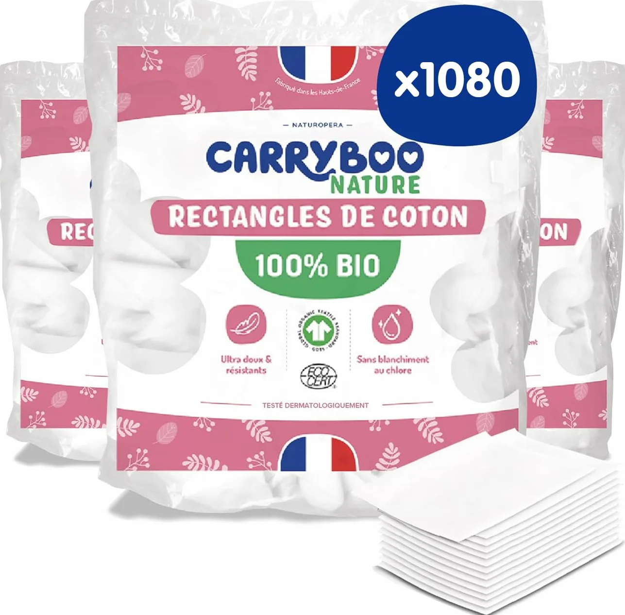 Carryboo - 1080 kwadratów bawełny niemowlęcej - 100% naturalne włókno i bawełna organiczna - ekologiczny produkt dla niemowląt z certyfikatem Gots - do higieny niemowląt - Zestaw 6 x 180 podkładek